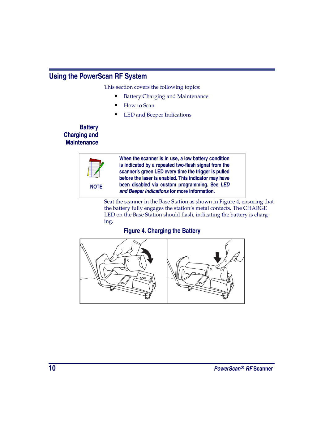 Datalogic Scanning SR, XLR, HD manual Using the PowerScan RF System, Battery Charging Maintenance 