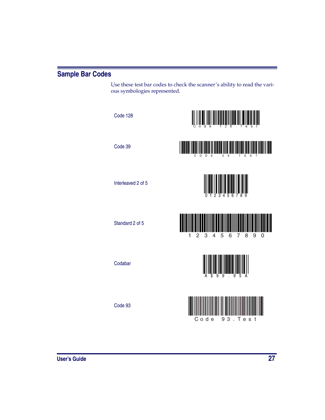 Datalogic Scanning HD, SR, XLR manual Sample Bar Codes 