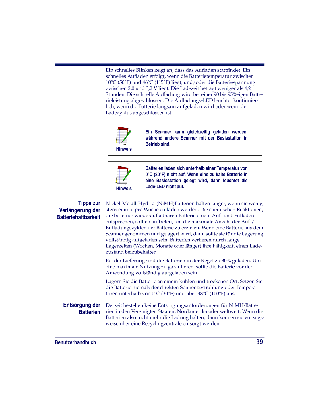 Datalogic Scanning HD Entsorgung der Batterien, Hinweis Lade-LED nicht auf, Tipps zur Verlängerung der Batteriehaltbarkeit 