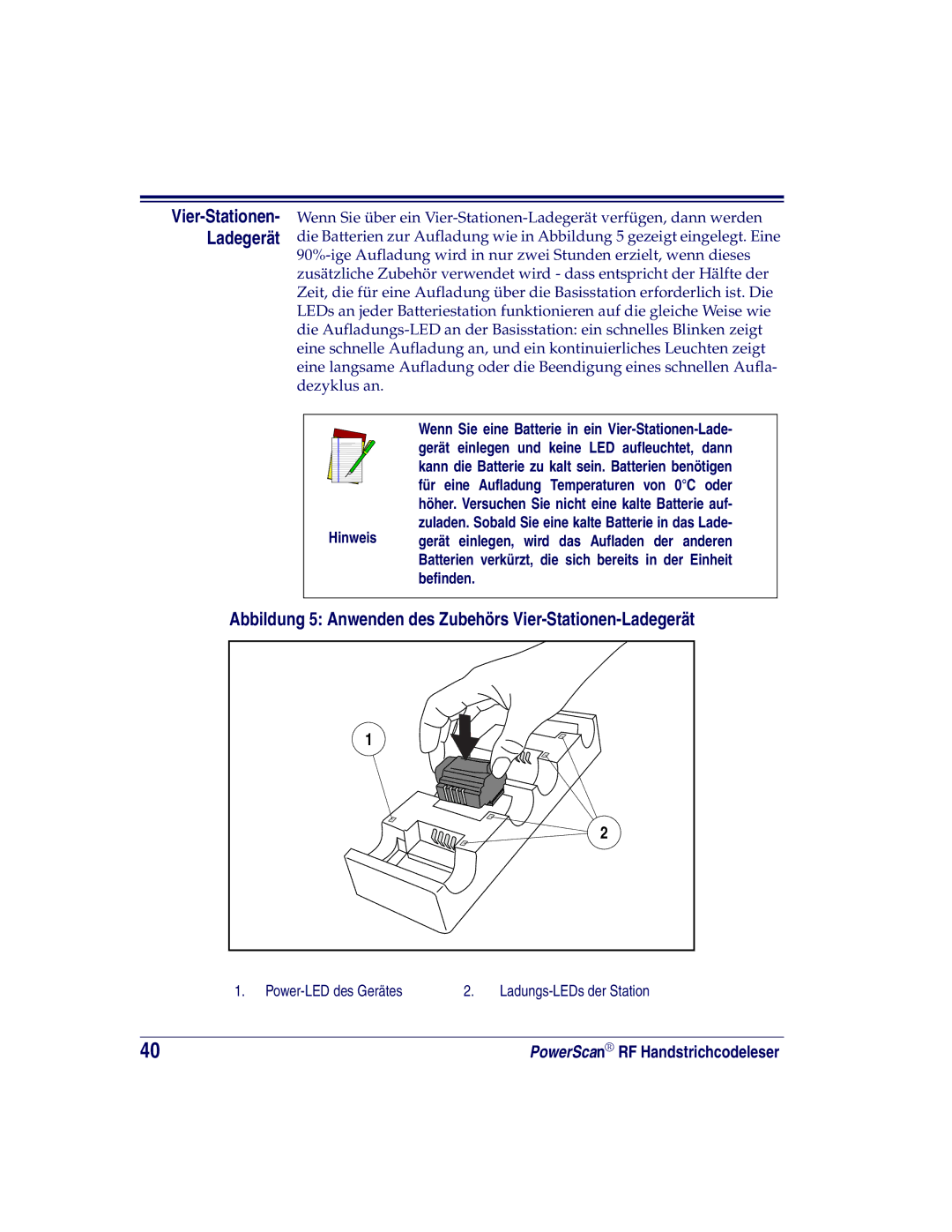 Datalogic Scanning SR, XLR, HD manual Abbildung 5 Anwenden des Zubehörs Vier-Stationen-Ladegerät, Befinden 