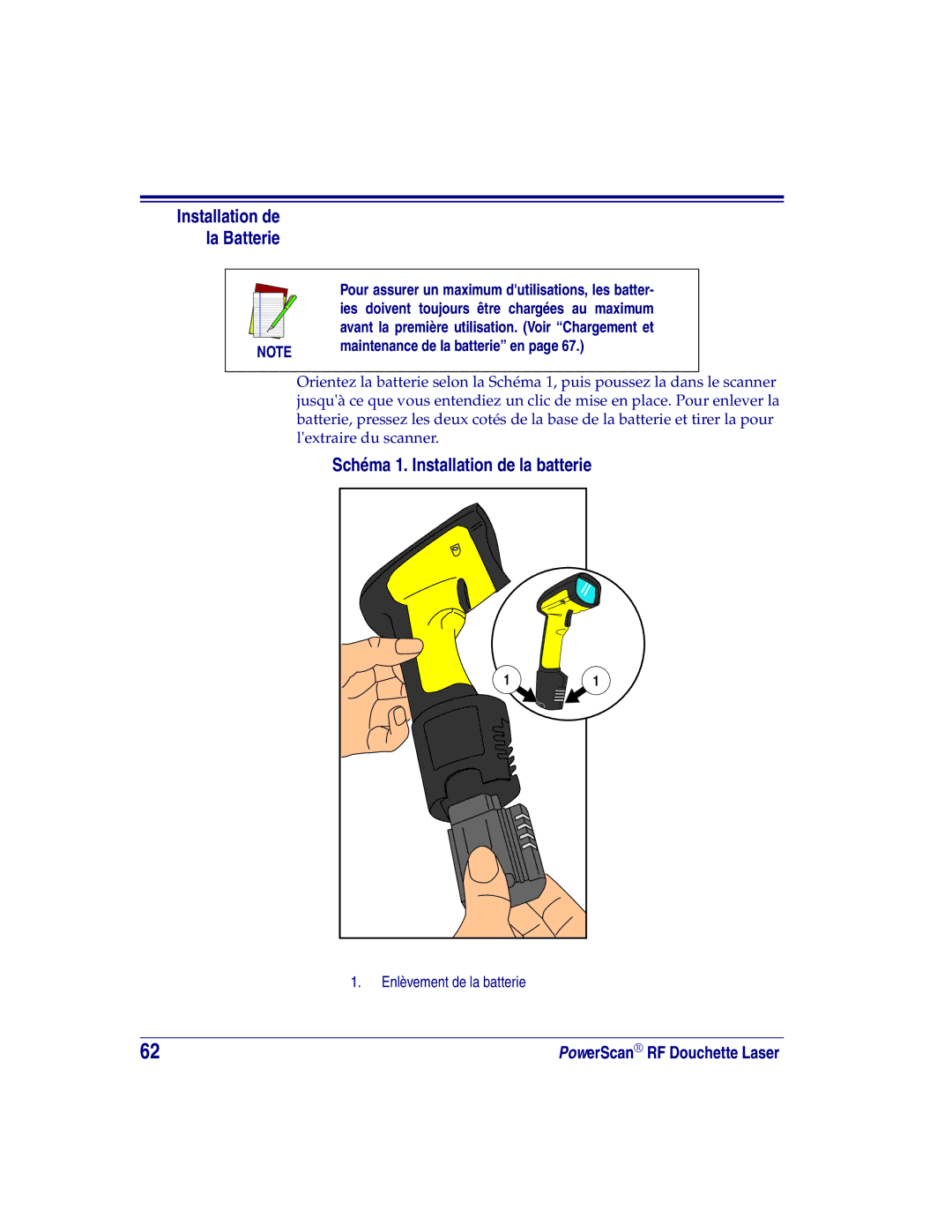 Datalogic Scanning LR Schéma 1. Installation de la batterie, Installation de la Batterie, Maintenance de la batterie en 