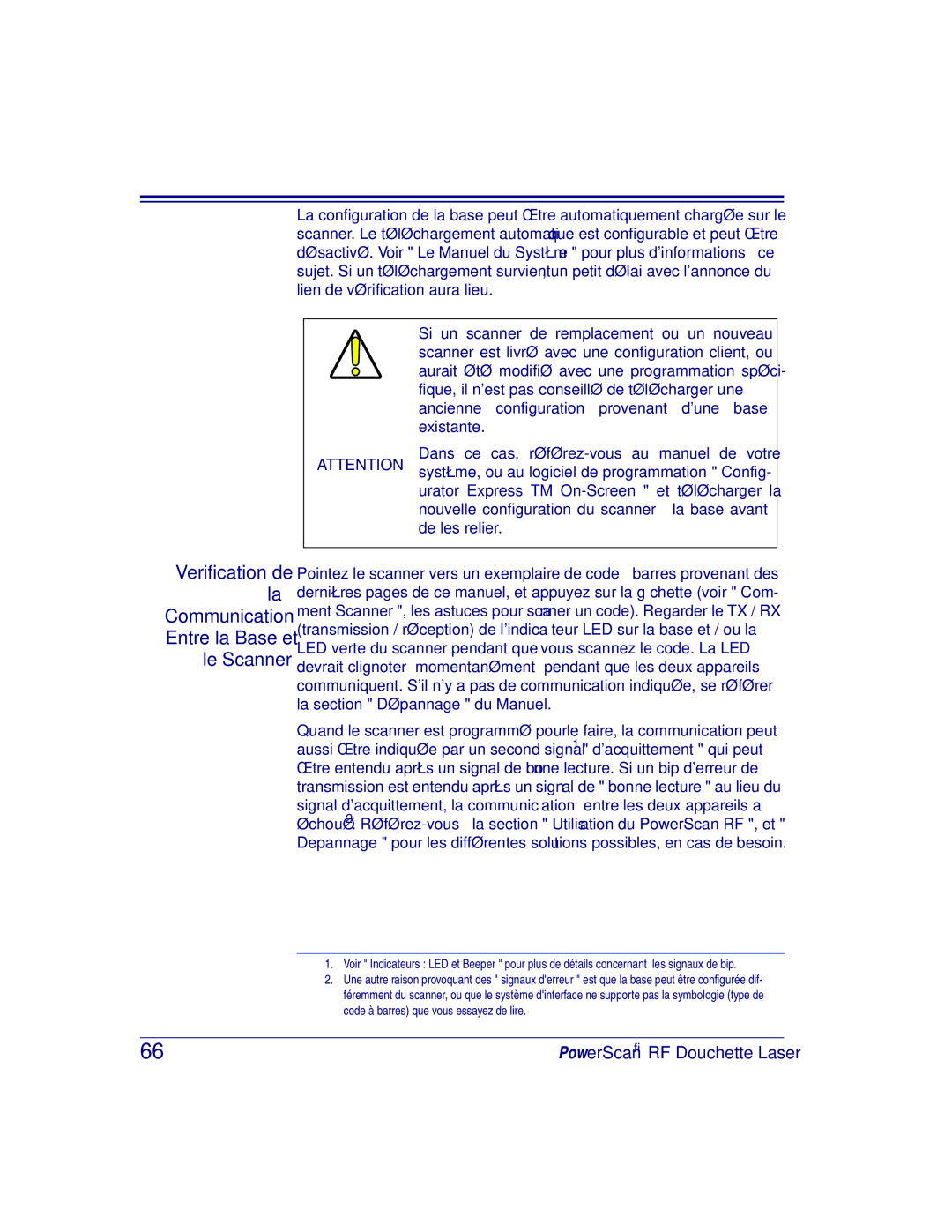 Datalogic Scanning SR, XLR, HD manual Verification de la Communication Entre la Base et le Scanner 