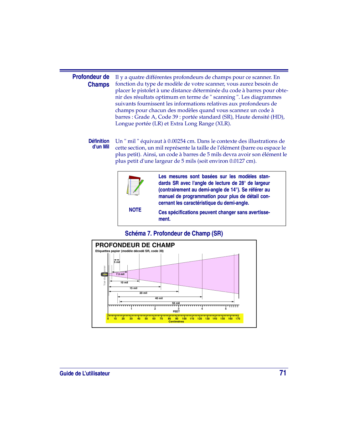 Datalogic Scanning HD, XLR manual Schéma 7. Profondeur de Champ SR, Cernant les caractéristique du demi-angle, Ment 