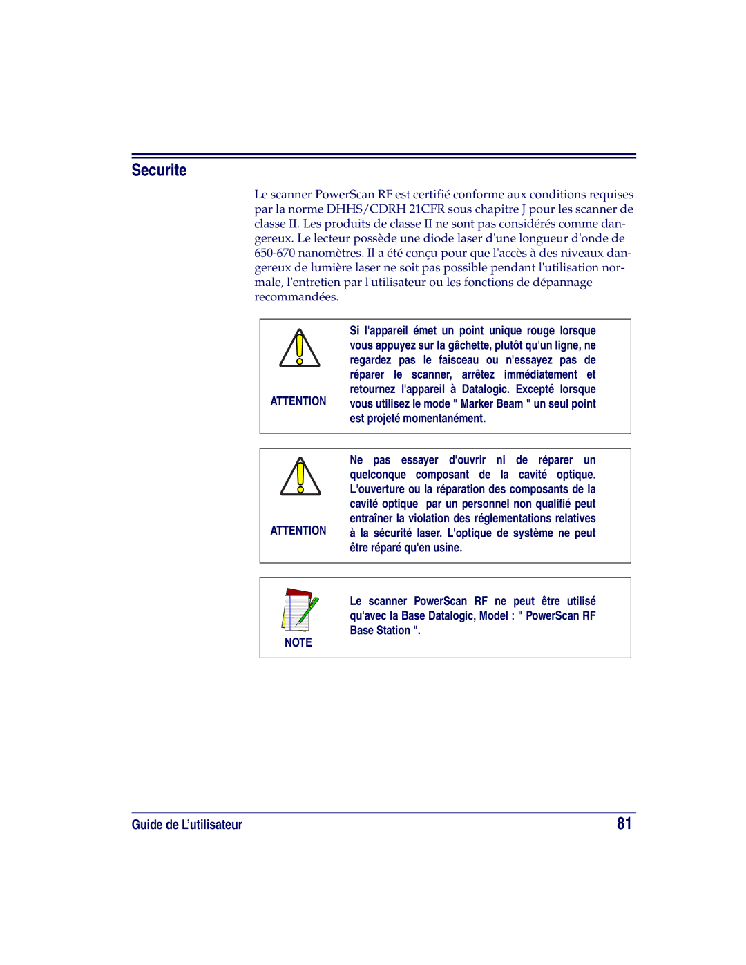 Datalogic Scanning XLR, SR, HD manual Securite, Est projeté momentanément, Ne pas essayer douvrir ni de réparer un 