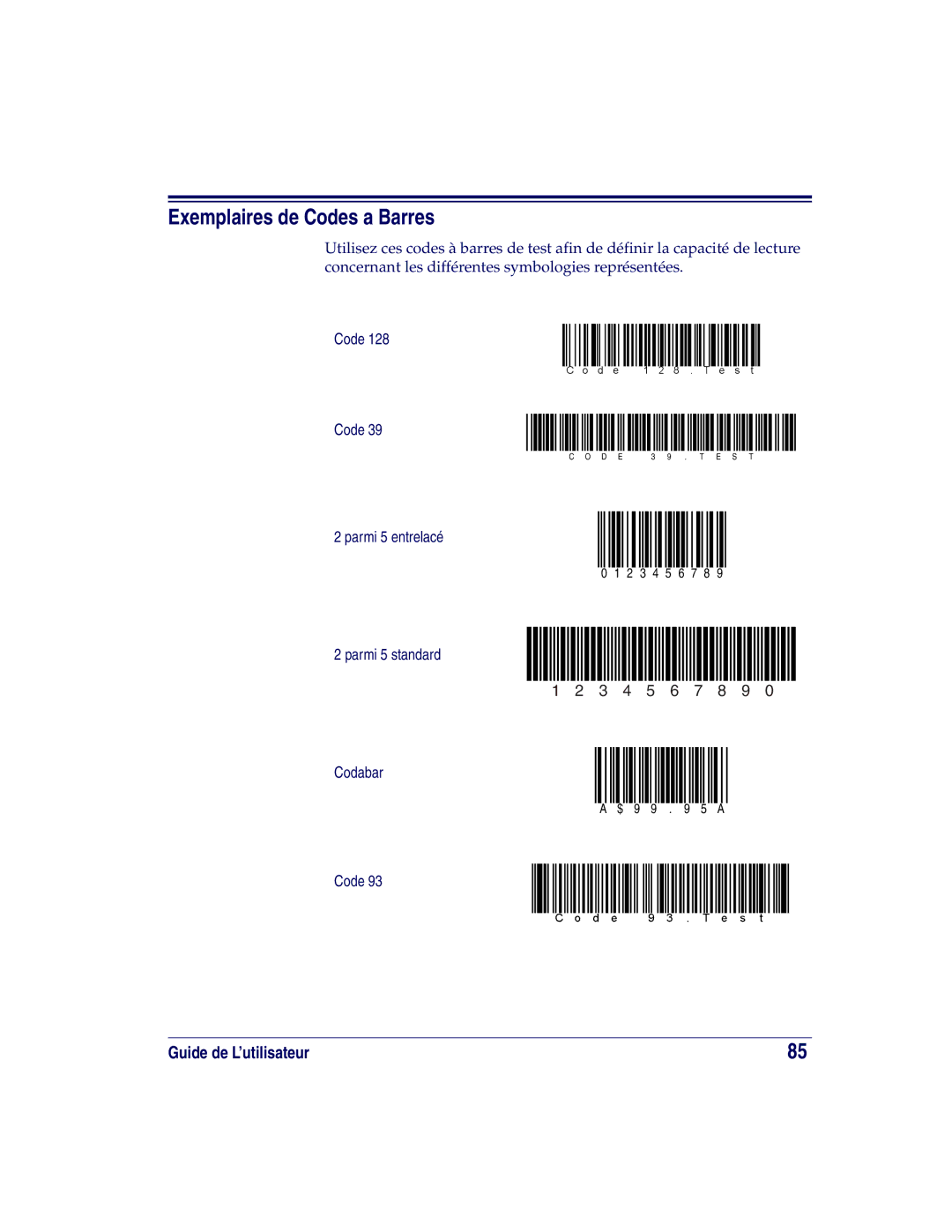 Datalogic Scanning XLR, SR, HD manual Exemplaires de Codes a Barres 