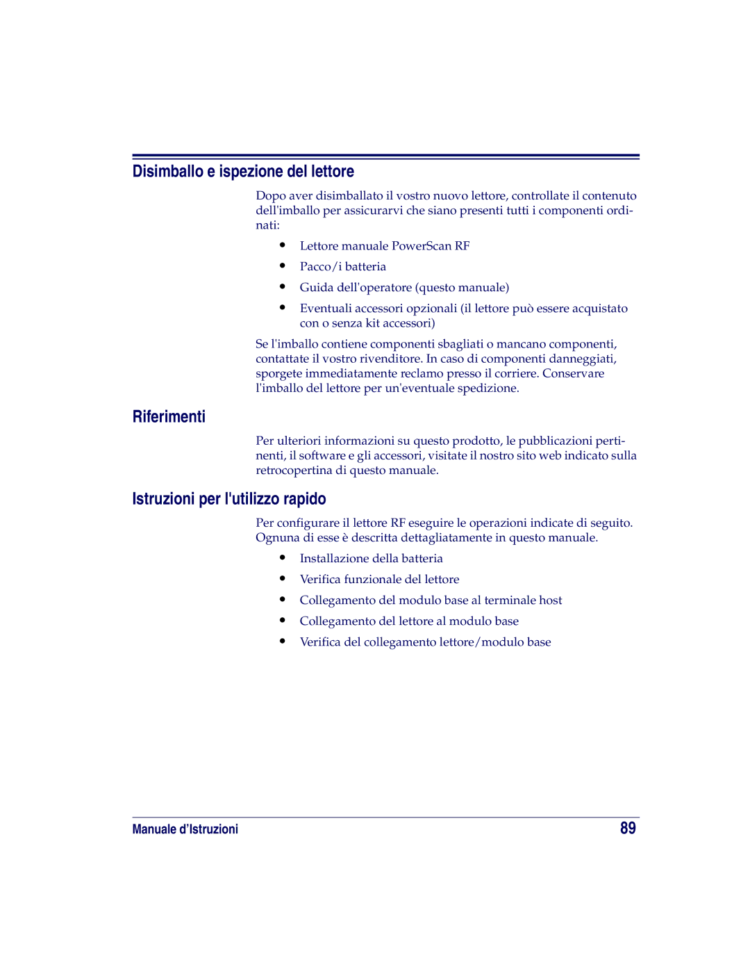 Datalogic Scanning XLR, SR, HD manual Disimballo e ispezione del lettore, Riferimenti, Istruzioni per lutilizzo rapido 