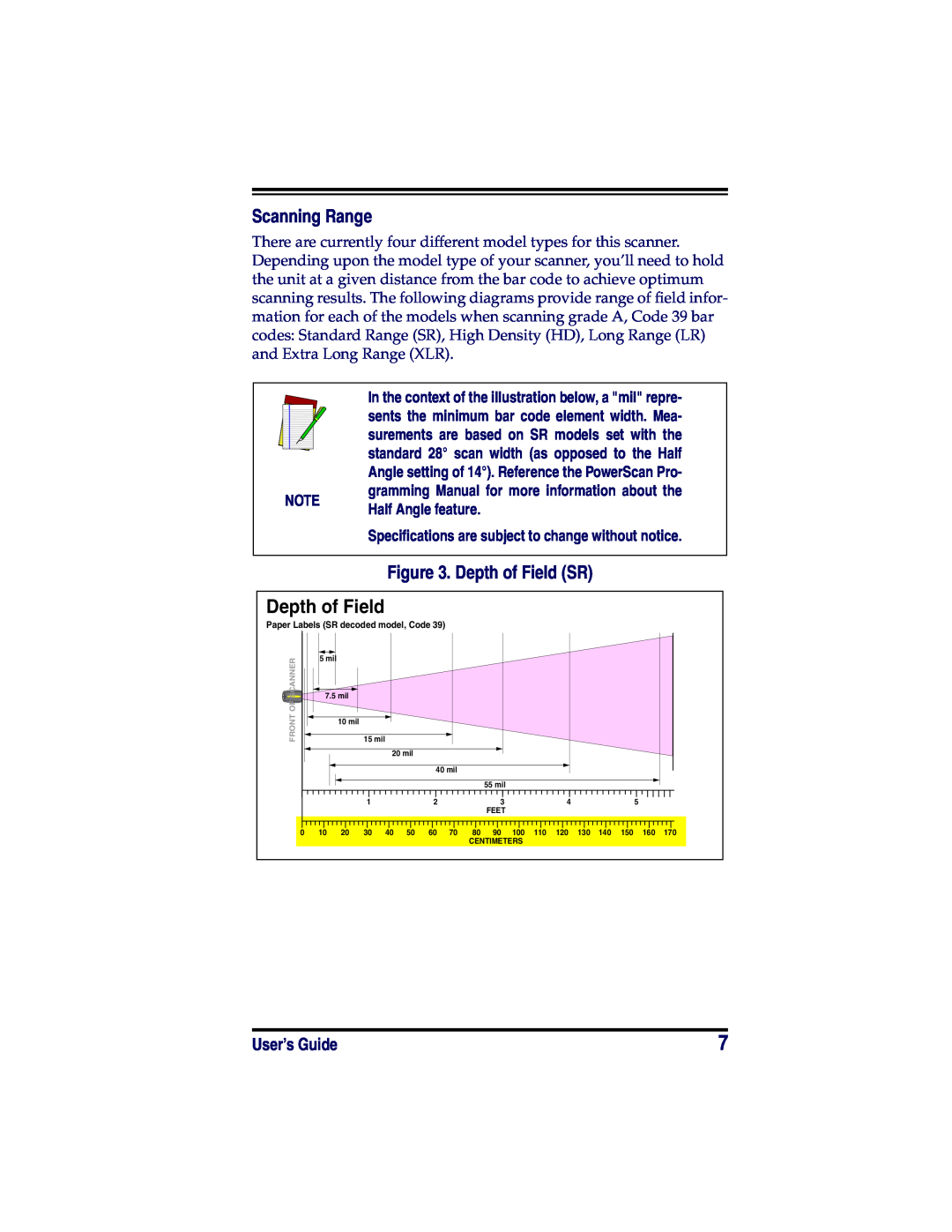 Datalogic Scanning XLR, HD manual Scanning Range, Depth of Field SR, User’s Guide 