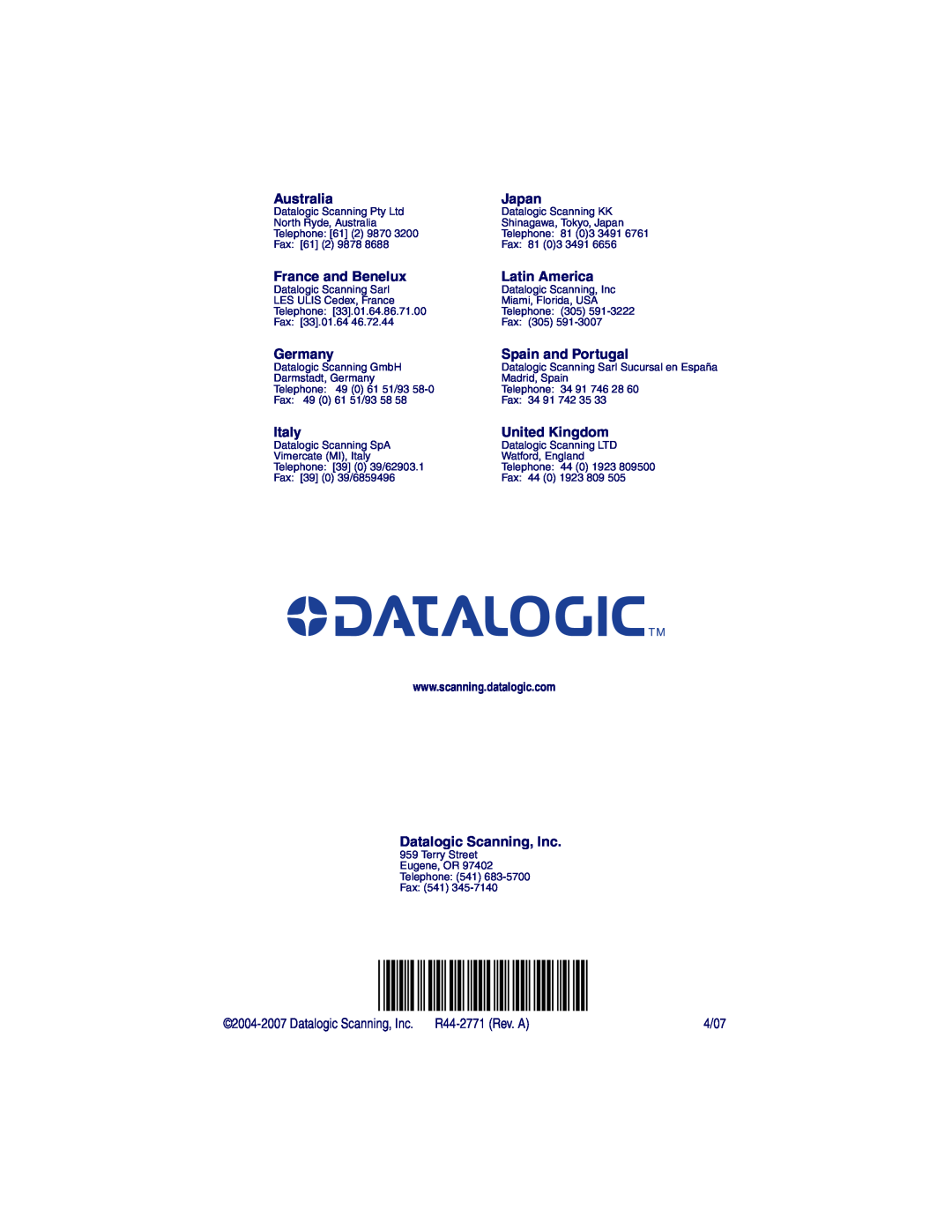 Datalogic Scanning SR, XLR Australia, Japan, France and Benelux, Latin America, Germany, Spain and Portugal, Italy, 4/07 