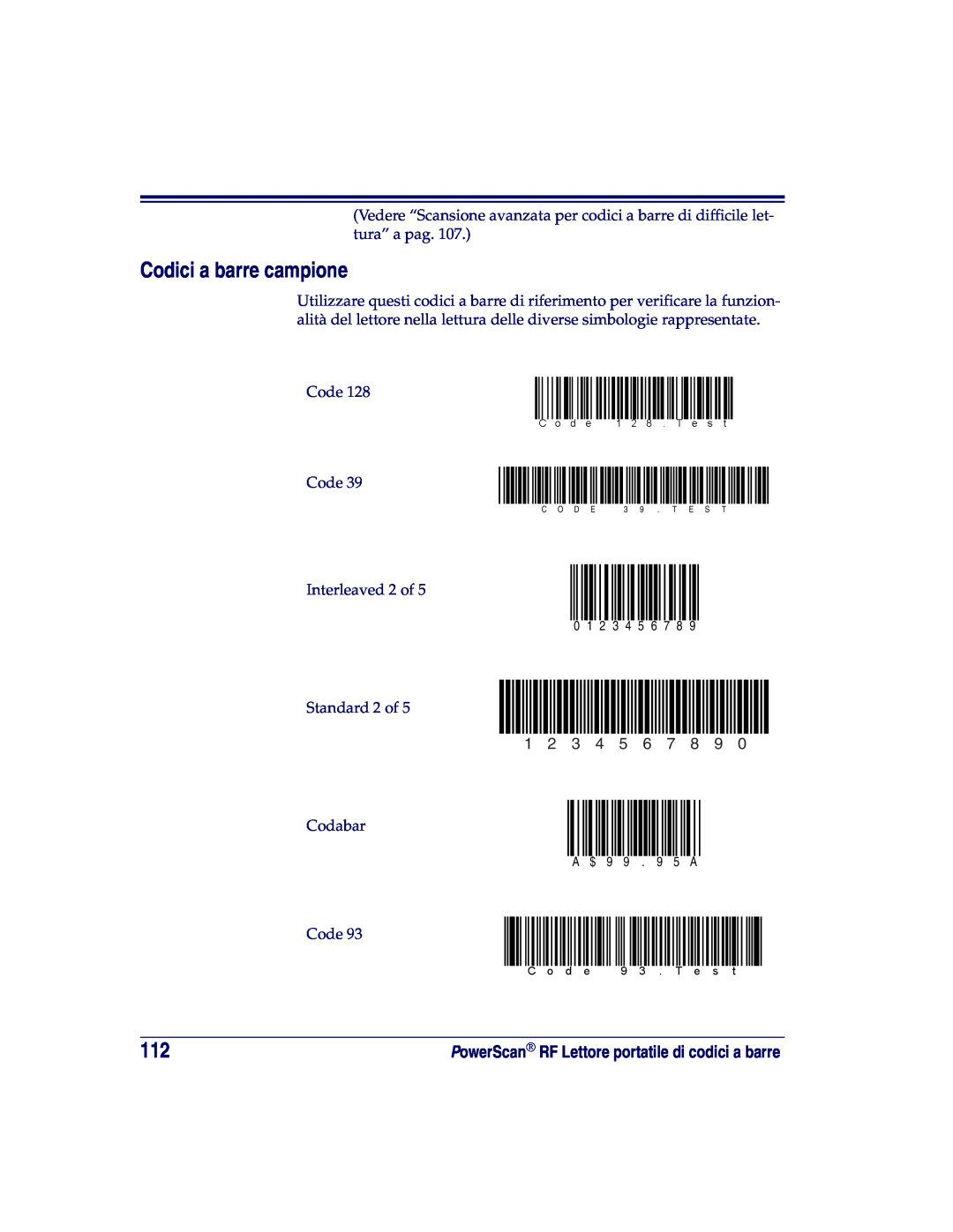 Datalogic Scanning SR, XLR, HD manual Codici a barre campione 
