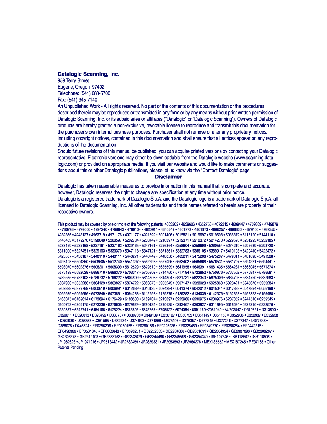 Datalogic Scanning SR, XLR, HD manual Datalogic Scanning, Inc, Disclaimer 