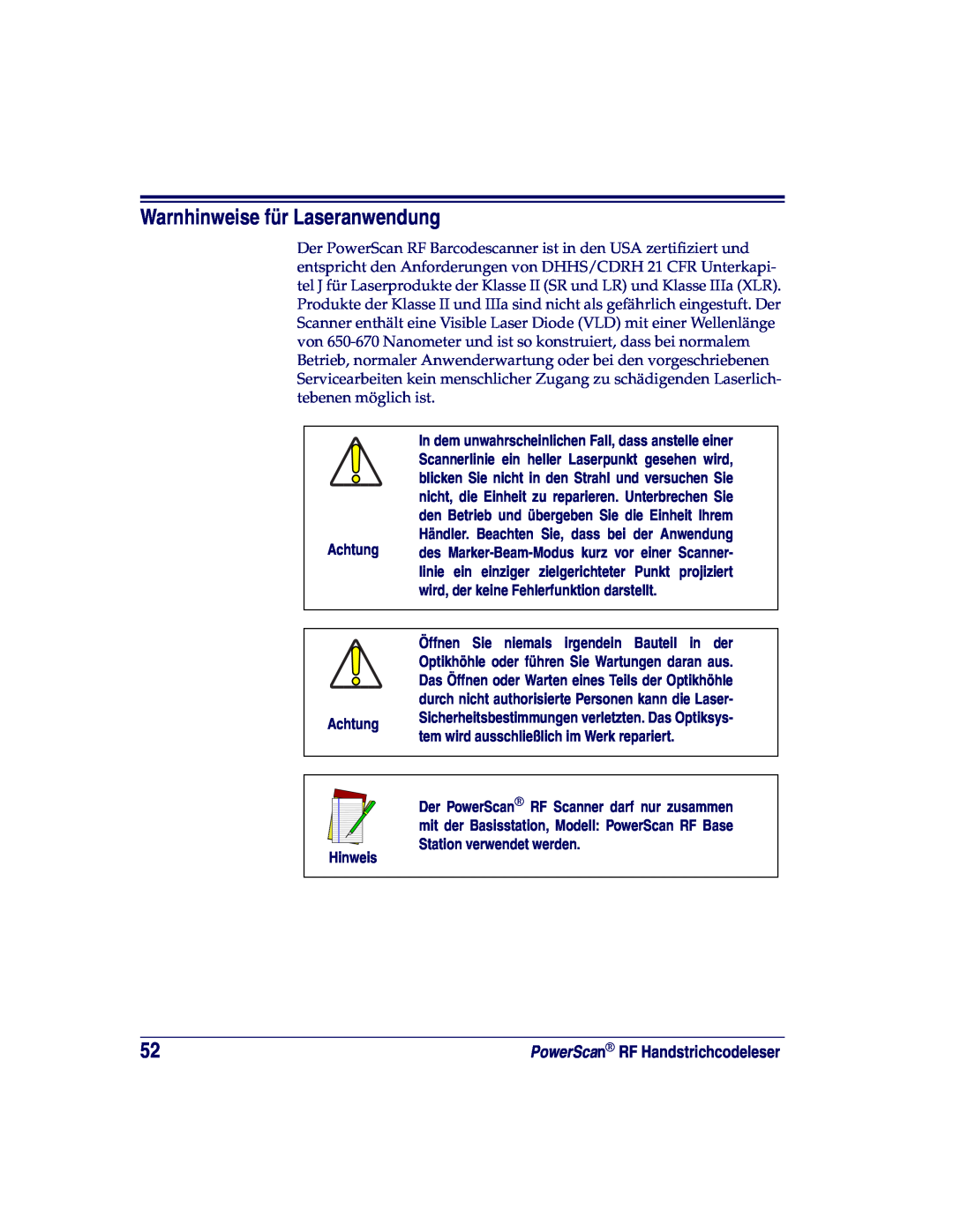 Datalogic Scanning SR, XLR, HD manual Warnhinweise für Laseranwendung, wird, der keine Fehlerfunktion darstellt, Achtung 