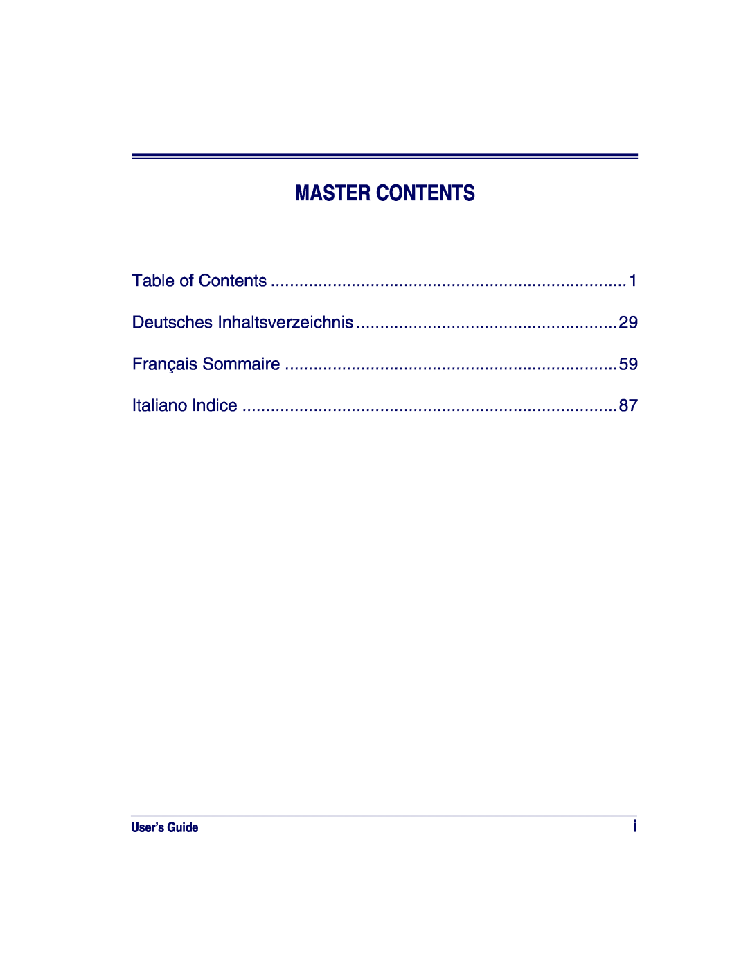 Datalogic Scanning HD User’s Guide, Master Contents, Table of Contents, Deutsches Inhaltsverzeichnis, Français Sommaire 
