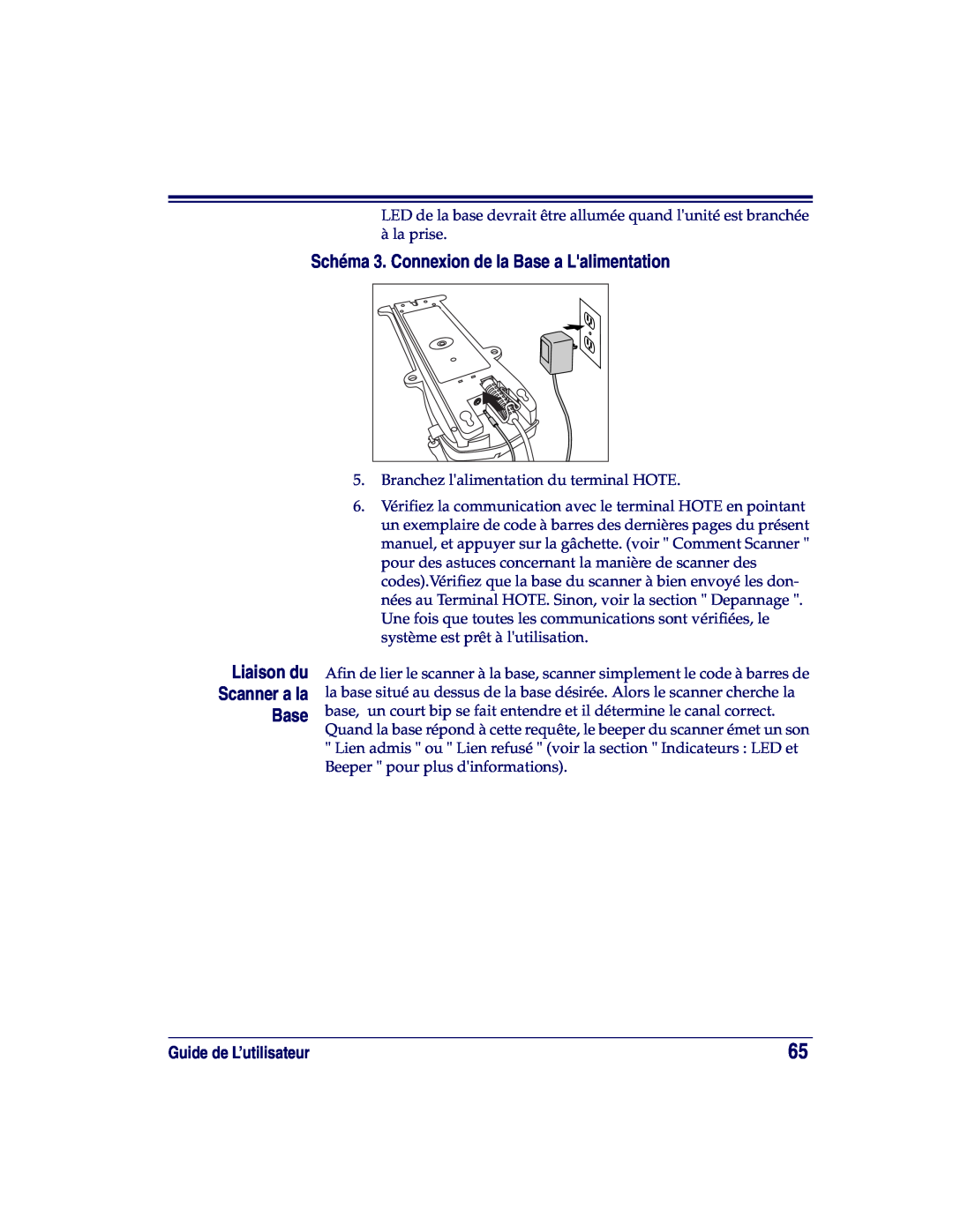 Datalogic Scanning XLR, SR, HD manual Schéma 3. Connexion de la Base a Lalimentation, Liaison du Scanner a la Base 