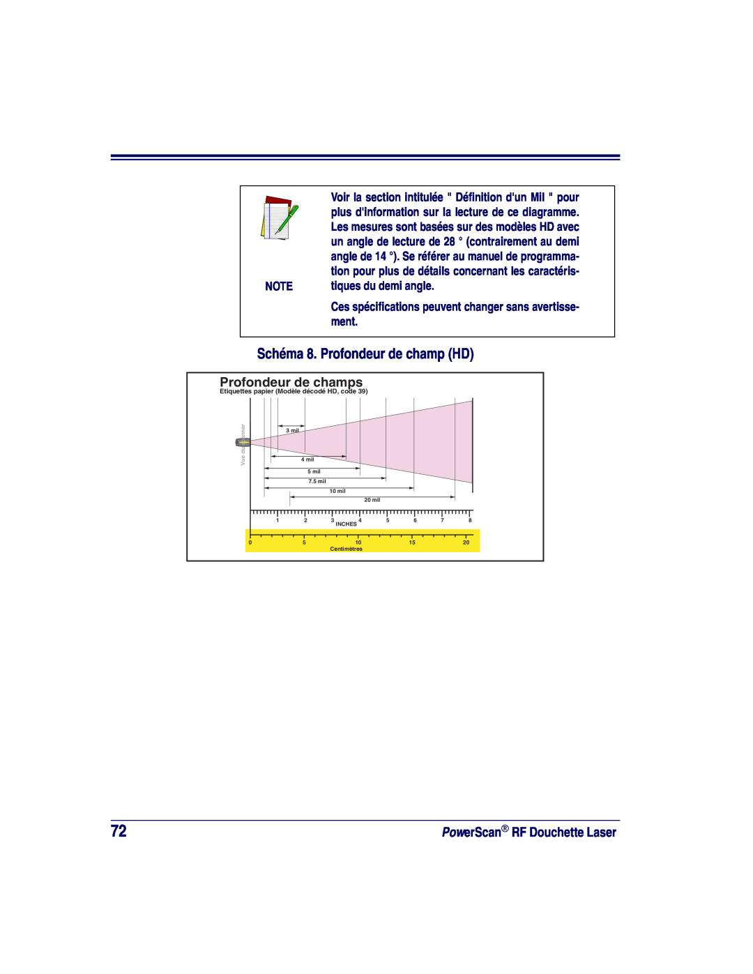Datalogic Scanning SR, XLR manual Schéma 8. Profondeur de champ HD, Profondeur de champs, tiques du demi angle 