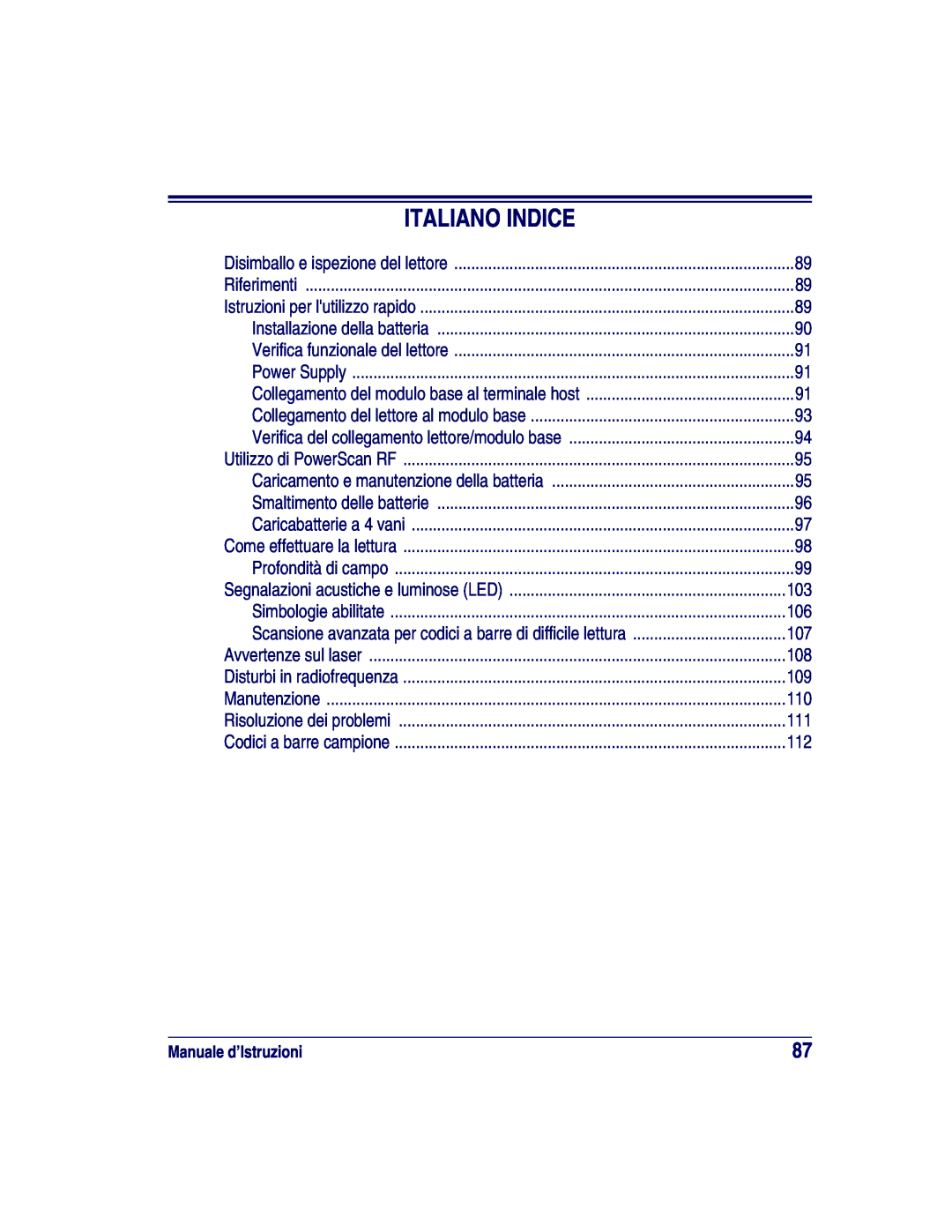 Datalogic Scanning HD, SR, XLR manual Italiano Indice, Manuale d’Istruzioni 
