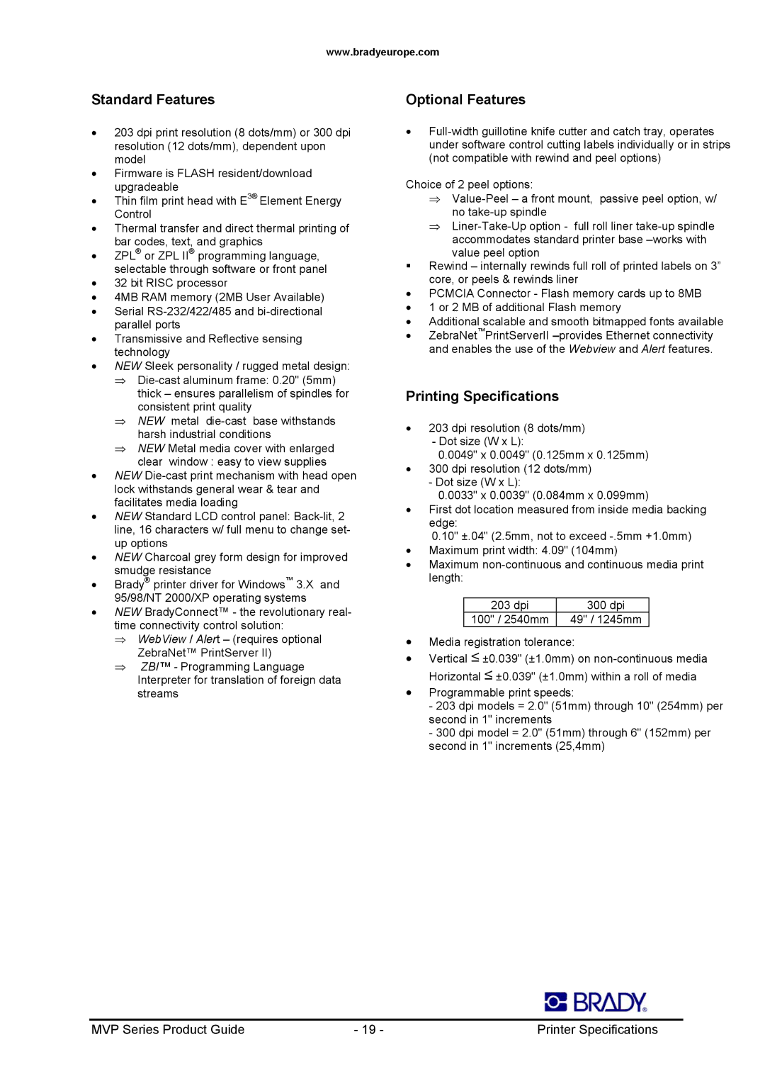 Datamax 200MVP, 300MVP manual Standard Features, Optional Features, Printing Specifications 