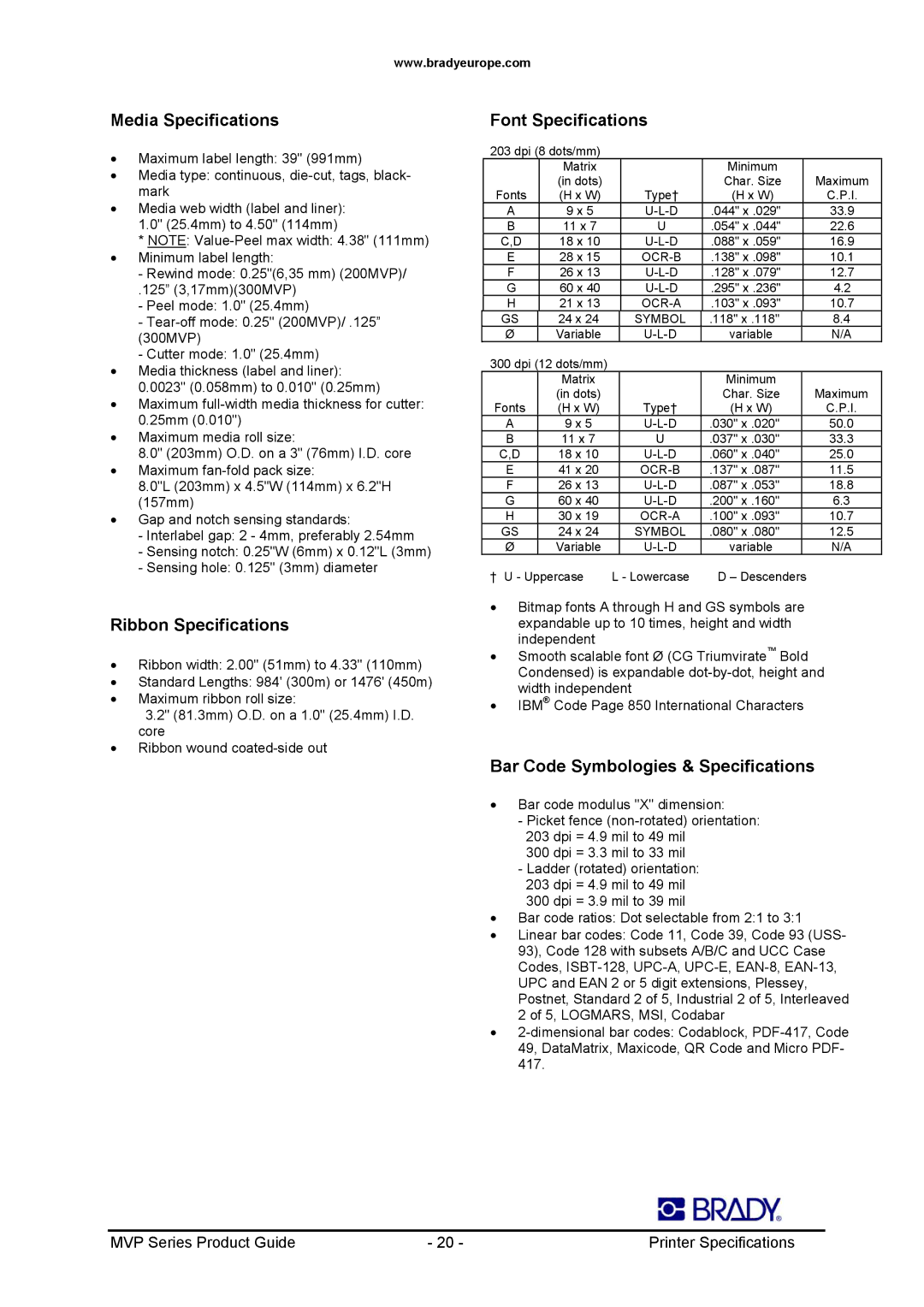 Datamax 300MVP Media Specifications, Ribbon Specifications, Font Specifications, Bar Code Symbologies & Specifications 