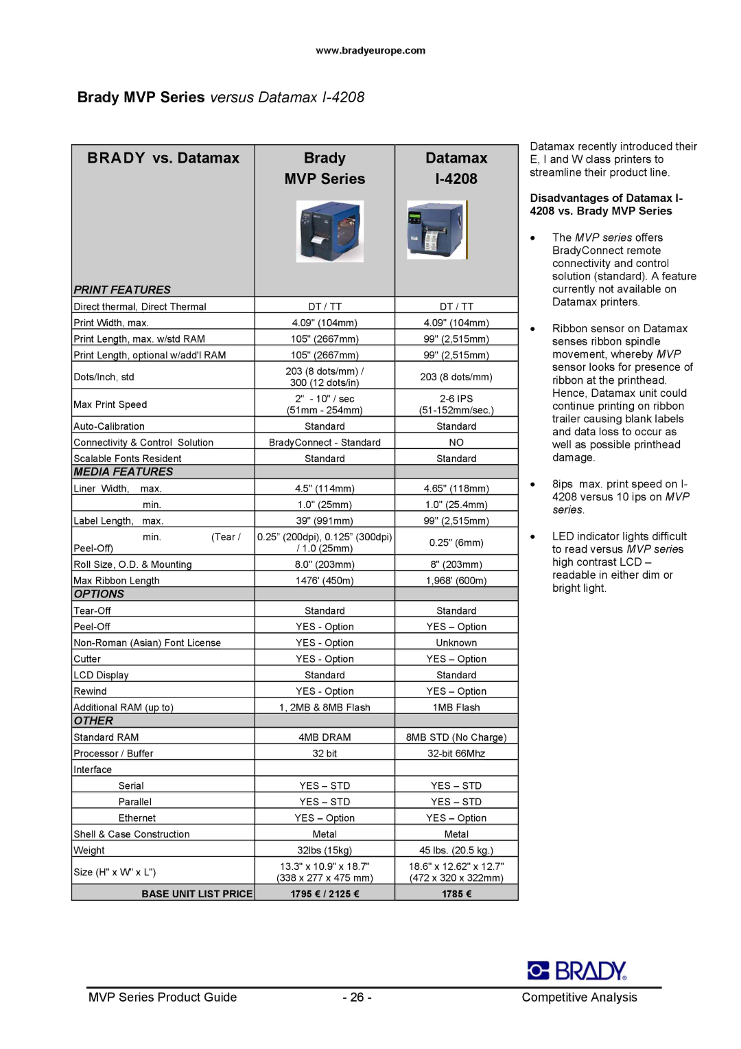 Datamax 300MVP, 200MVP Brady vs. Datamax MVP Series 4208, Disadvantages of Datamax I- 4208 vs. Brady MVP Series, 4MB Dram 