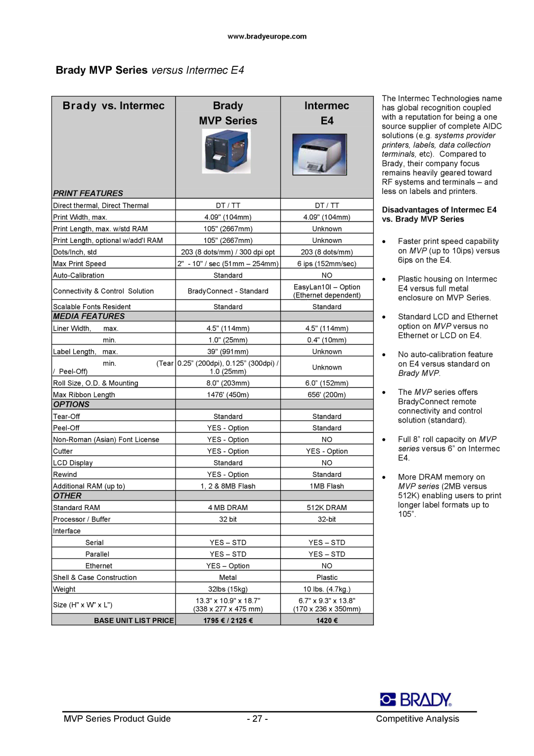 Datamax 200MVP, 300MVP Brady vs. Intermec MVP Series, Disadvantages of Intermec E4 vs. Brady MVP Series, MB Dram 512K Dram 