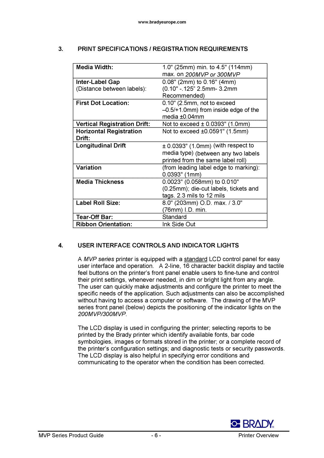 Datamax 300MVP, 200MVP manual Print Specifications / Registration Requirements, User Interface Controls and Indicator Lights 