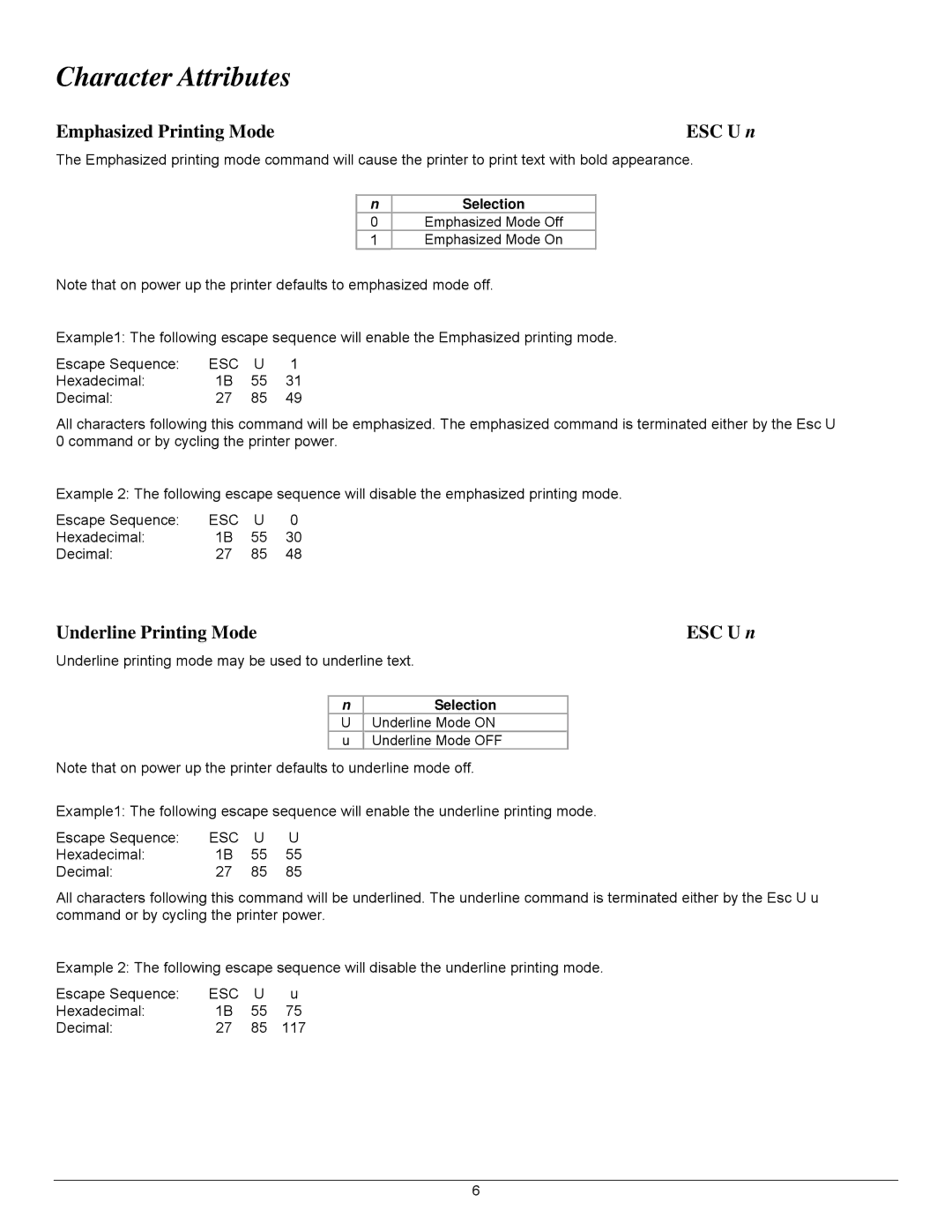 Datamax 7A300007 Rev. 2 Character Attributes, Emphasized Printing Mode ESC U n, Underline Printing Mode ESC U n, Selection 