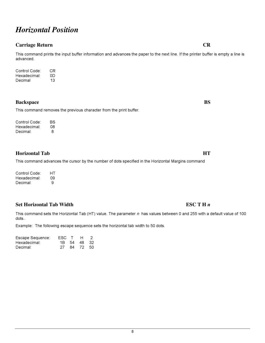 Datamax 7A300007 Rev. 2 manual Horizontal Position, Carriage ReturnCR, Backspace, Horizontal Tab 