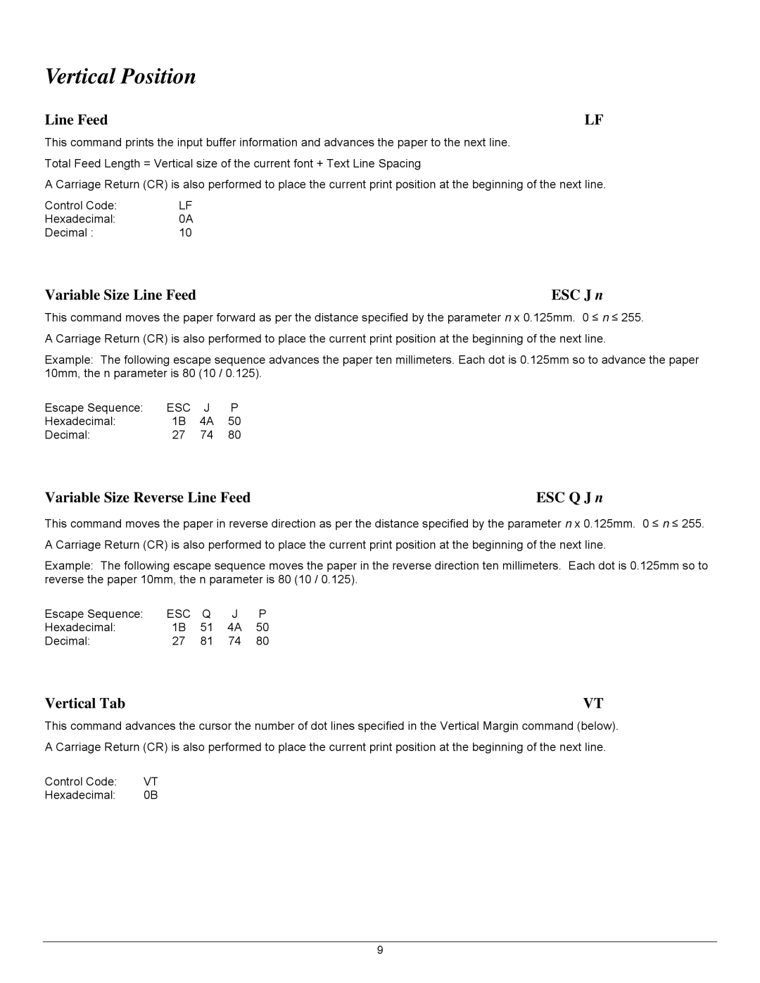 Datamax 7A300007 Rev. 2 manual Vertical Position, Line FeedLF, Variable Size Line Feed ESC J n, Vertical Tab 