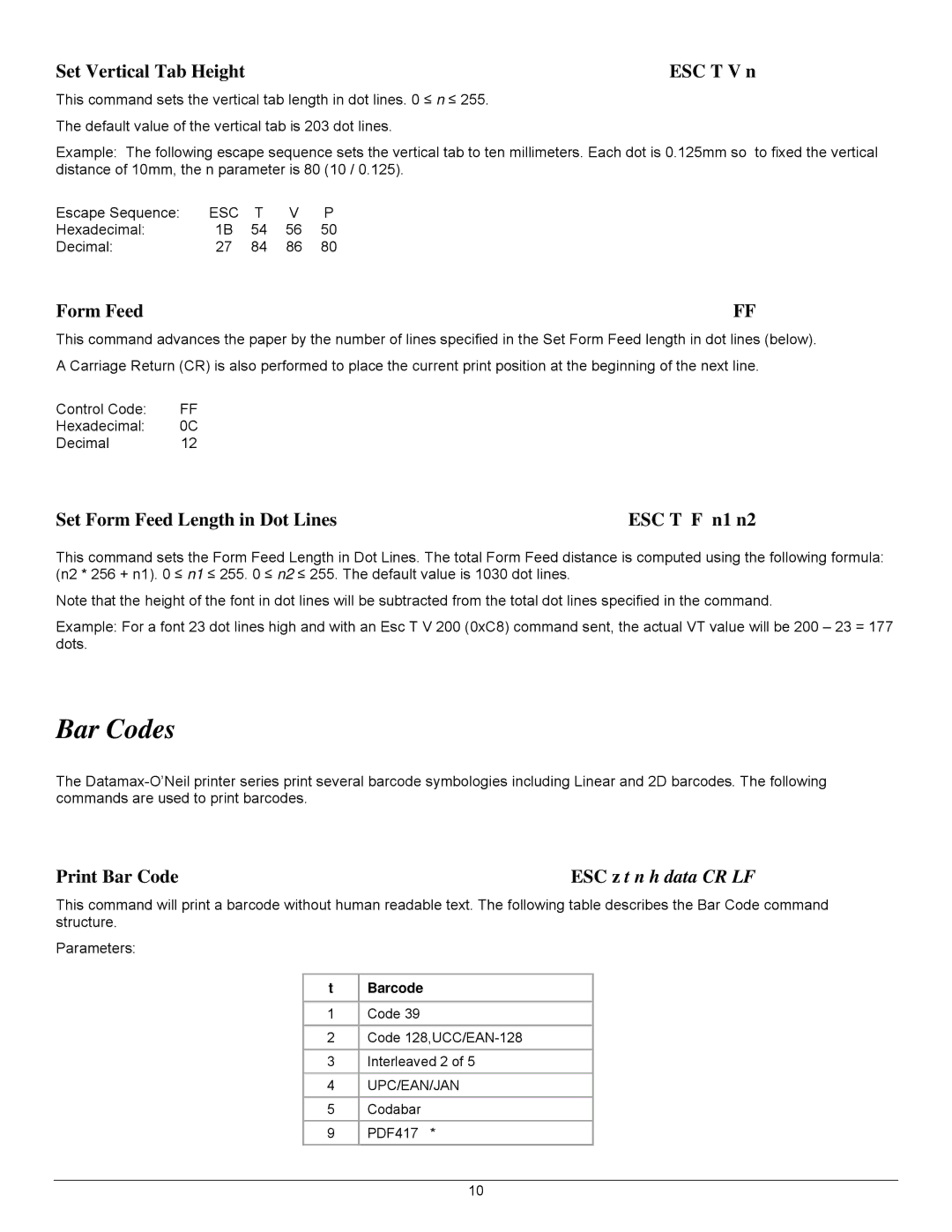 Datamax 7A300007 Rev. 2 manual Bar Codes, Set Vertical Tab Height ESC T V n, Form Feed, Print Bar Code 