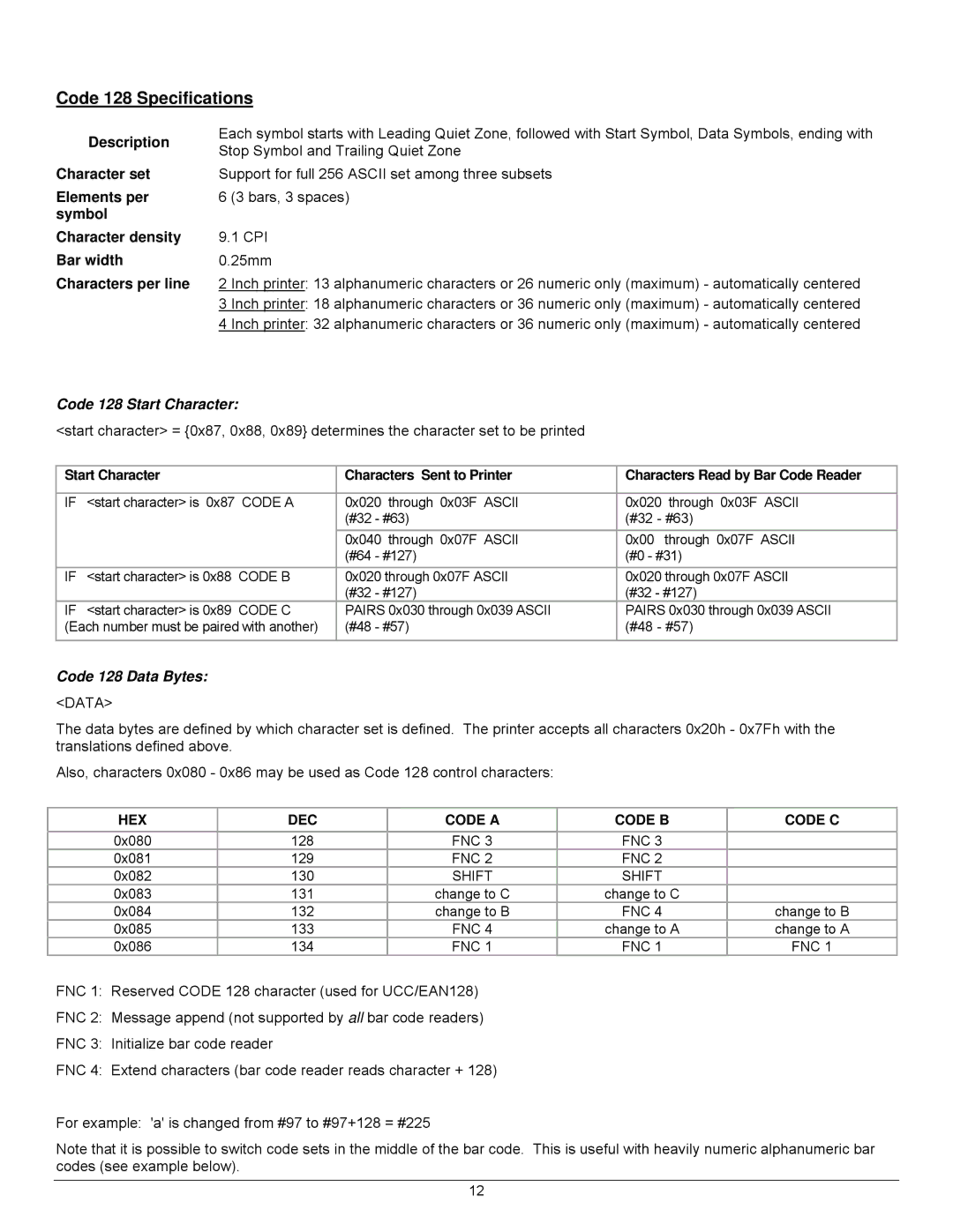 Datamax 7A300007 Rev. 2 manual Code 128 Specifications, Description Character set Elements per symbol 