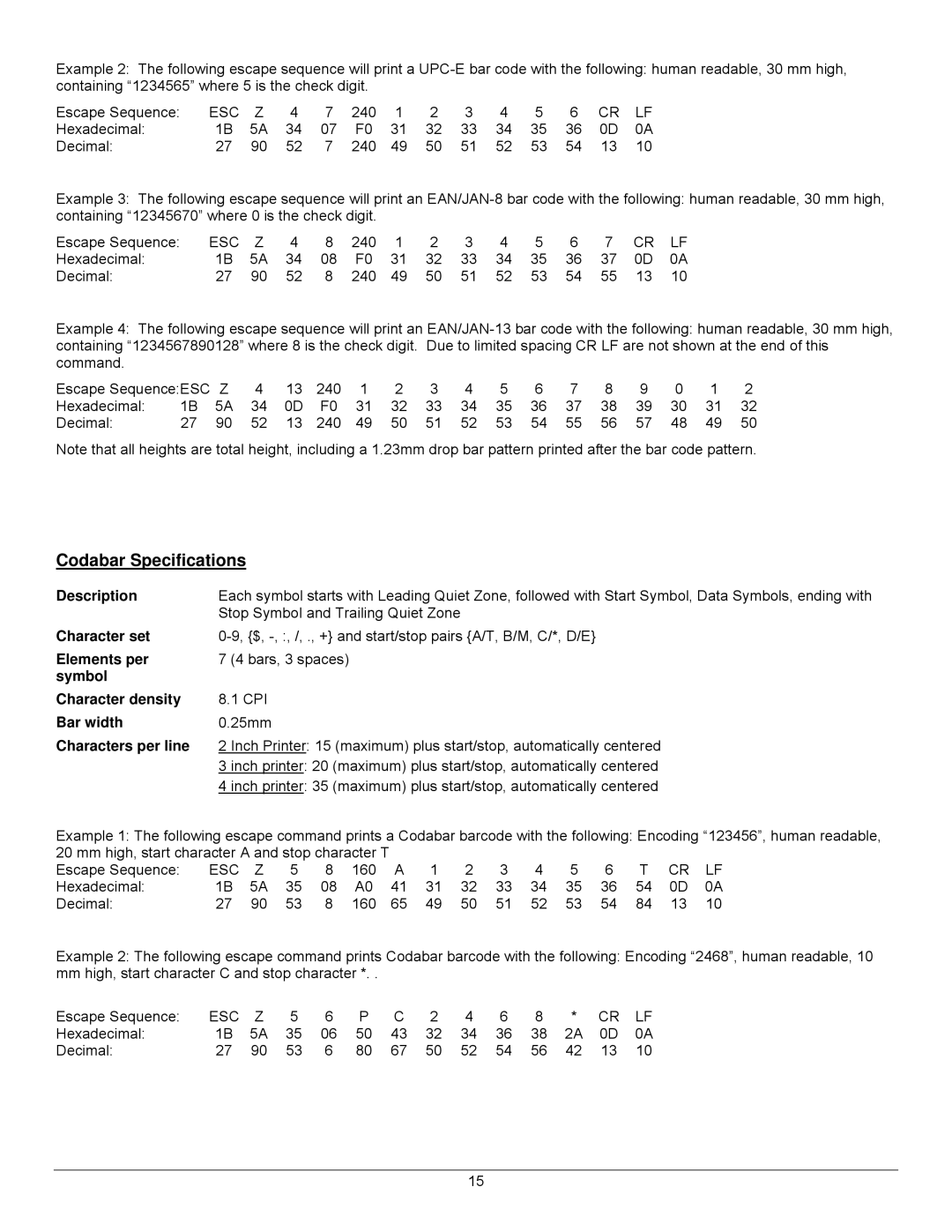 Datamax 7A300007 Rev. 2 manual Codabar Specifications, Elements per, Symbol Character density 