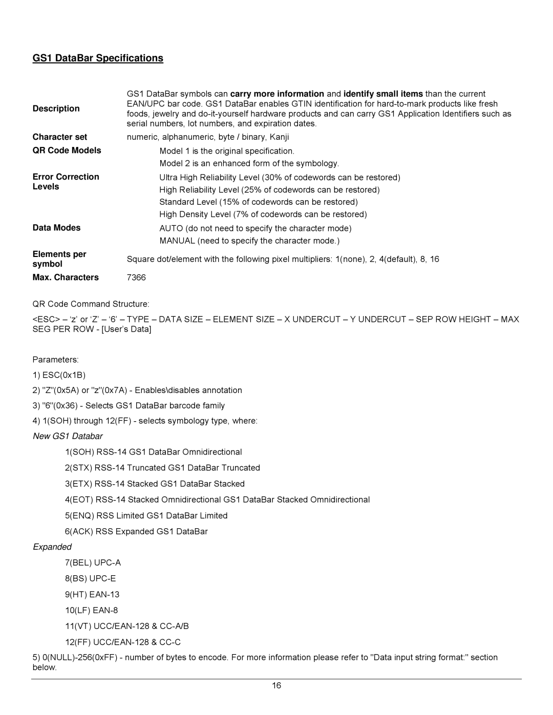 Datamax 7A300007 Rev. 2 manual GS1 DataBar Specifications, Character set QR Code Models 