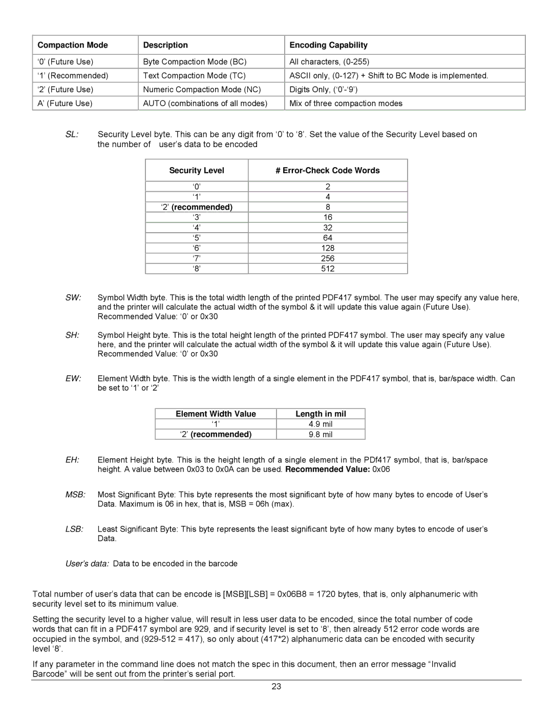 Datamax 7A300007 Rev. 2 manual Compaction Mode Description Encoding Capability, Security Level # Error-Check Code Words 