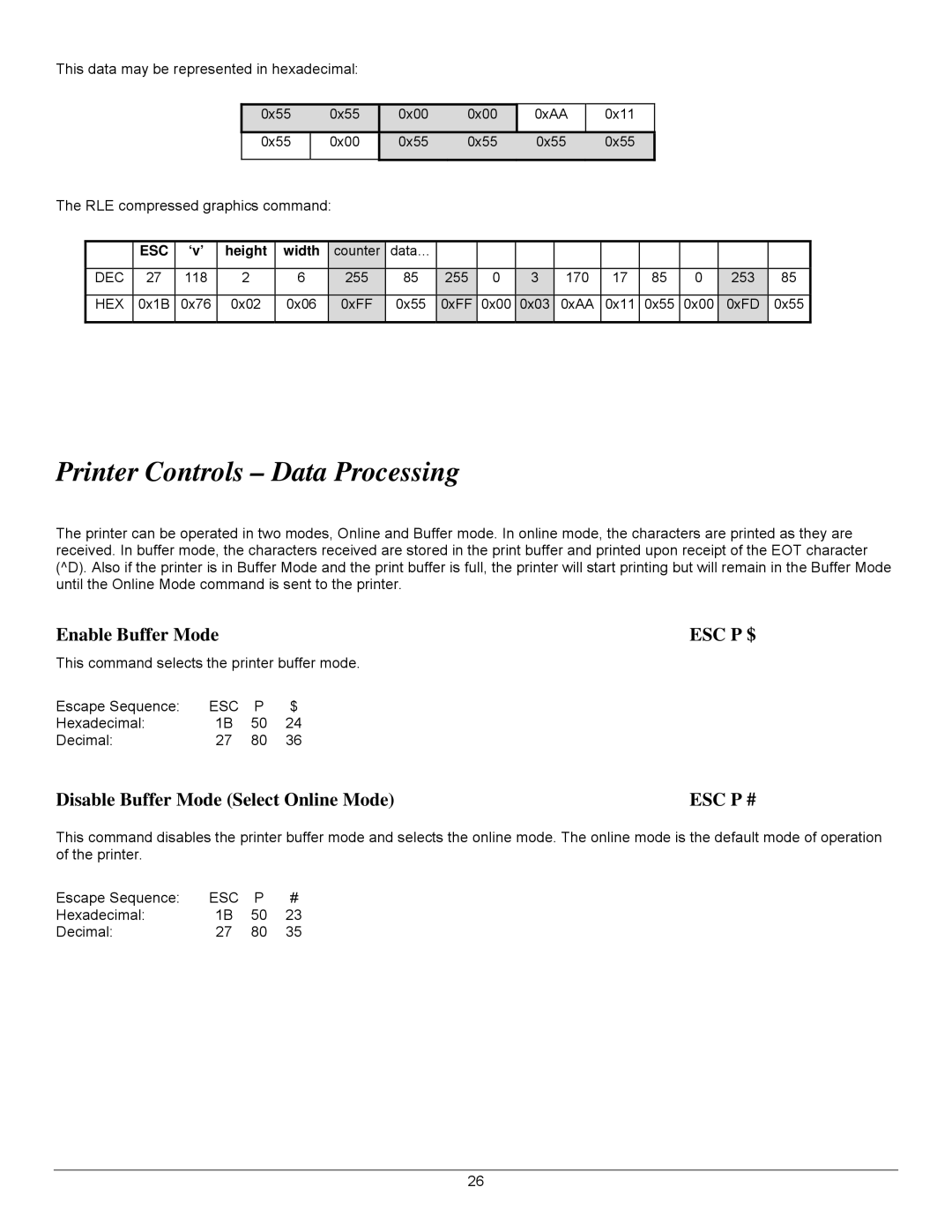 Datamax 7A300007 Rev. 2 manual Printer Controls Data Processing, Enable Buffer Mode, Esc P $, Esc P # 