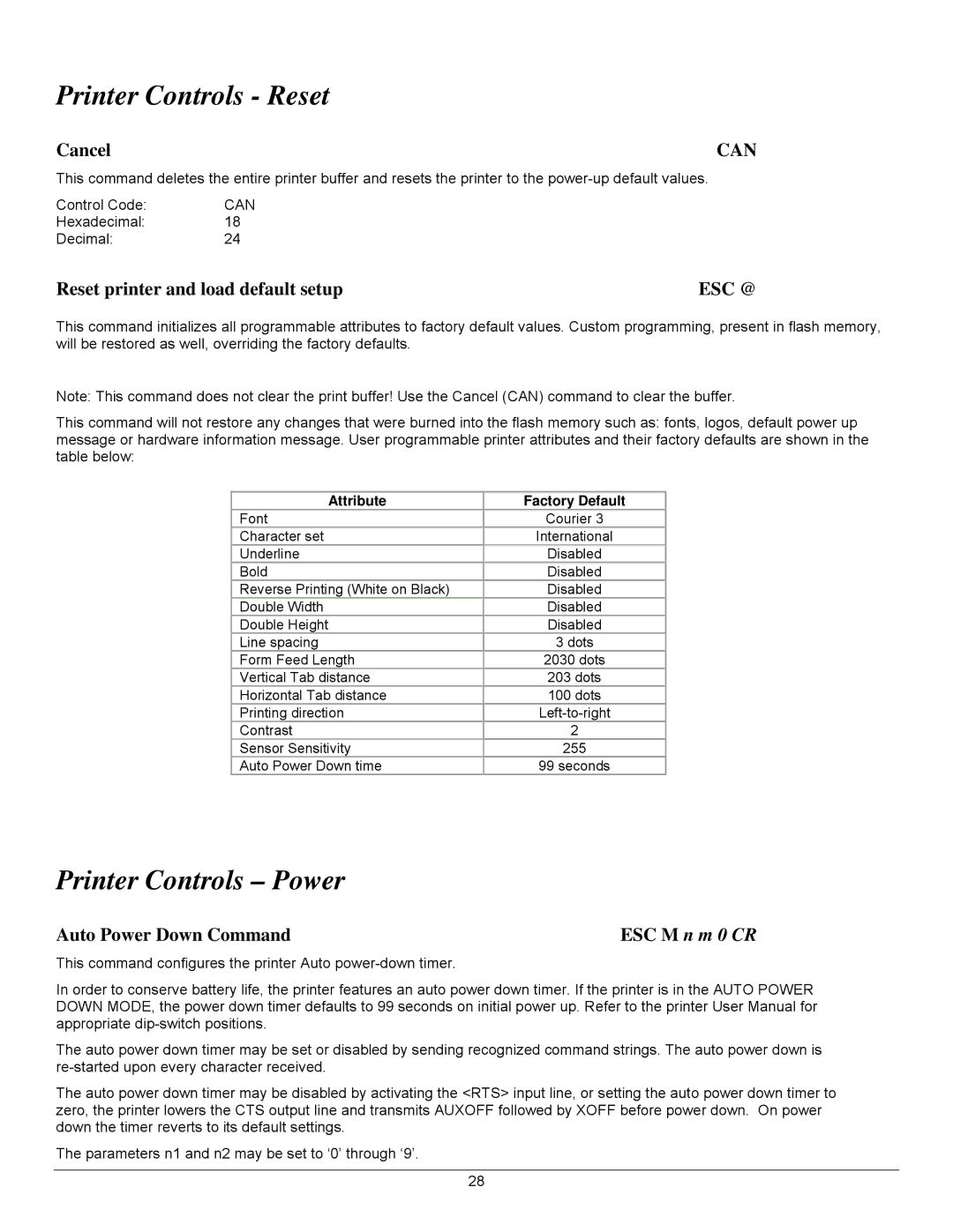 Datamax 7A300007 Rev. 2 manual Printer Controls Reset, Printer Controls Power, Can, Esc @ 