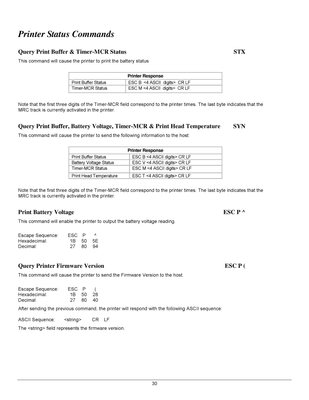 Datamax 7A300007 Rev. 2 manual Printer Status Commands, Stx, Syn 