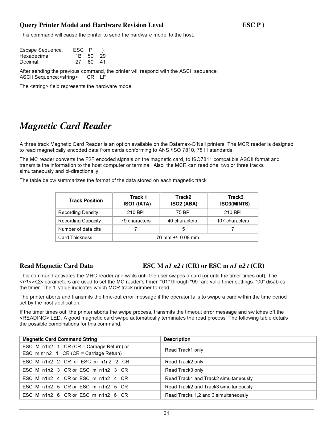 Datamax 7A300007 Rev. 2 manual Magnetic Card Reader, Query Printer Model and Hardware Revision Level 