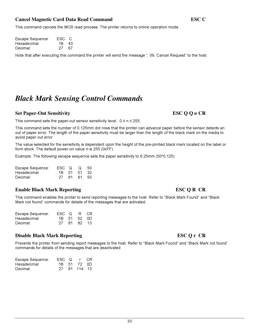 Datamax 7A300007 Rev. 2 manual Black Mark Sensing Control Commands, Esc C, Esc Q R Cr 