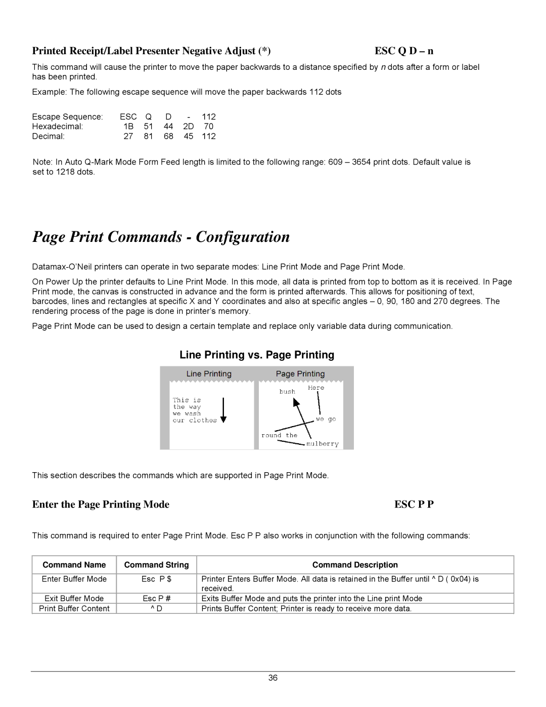 Datamax 7A300007 Rev. 2 Print Commands Configuration, Printed Receipt/Label Presenter Negative Adjust ESC Q D n, Esc P P 