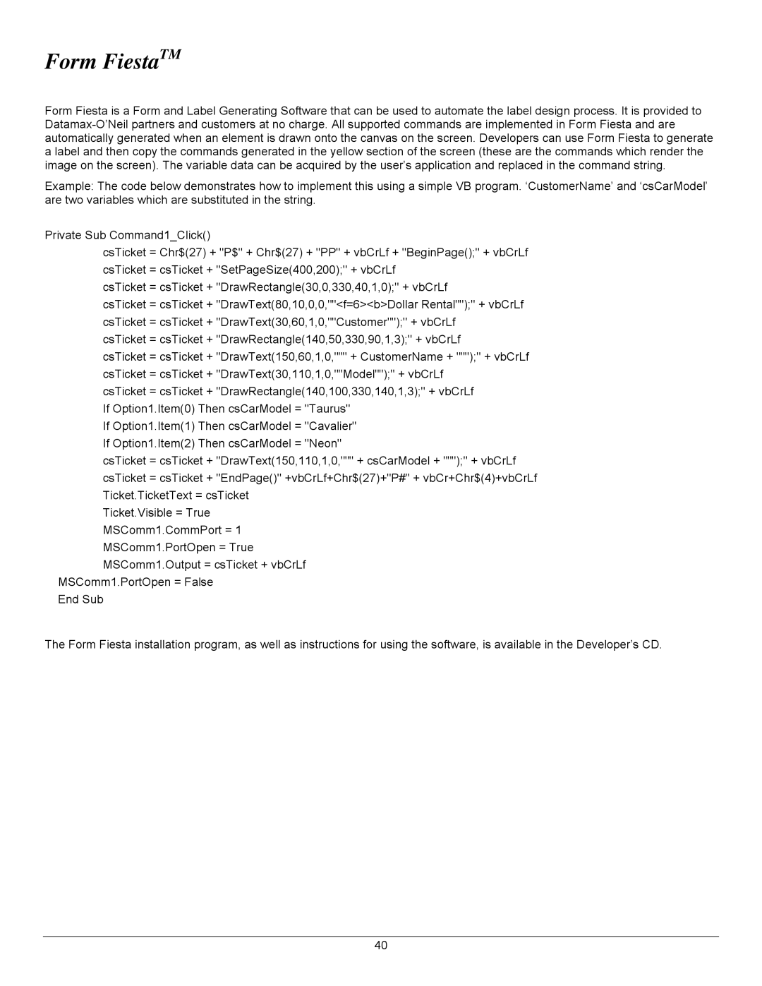 Datamax 7A300007 Rev. 2 manual Form FiestaTM 