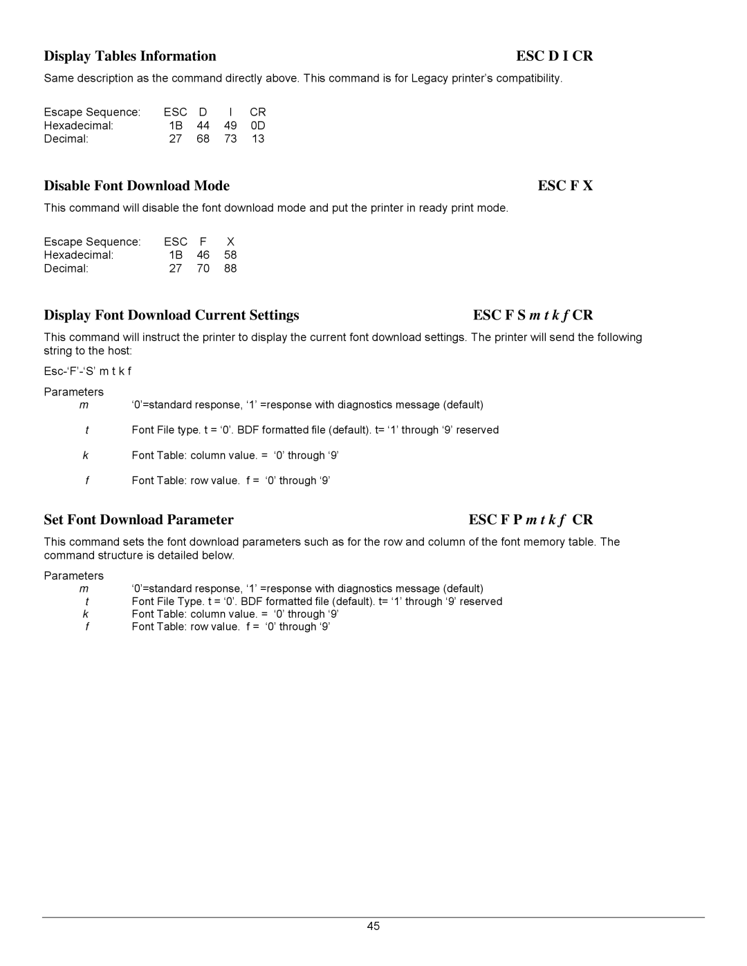 Datamax 7A300007 Rev. 2 Esc D I Cr, Disable Font Download Mode, Esc F, Set Font Download Parameter ESC F P m t k f CR 