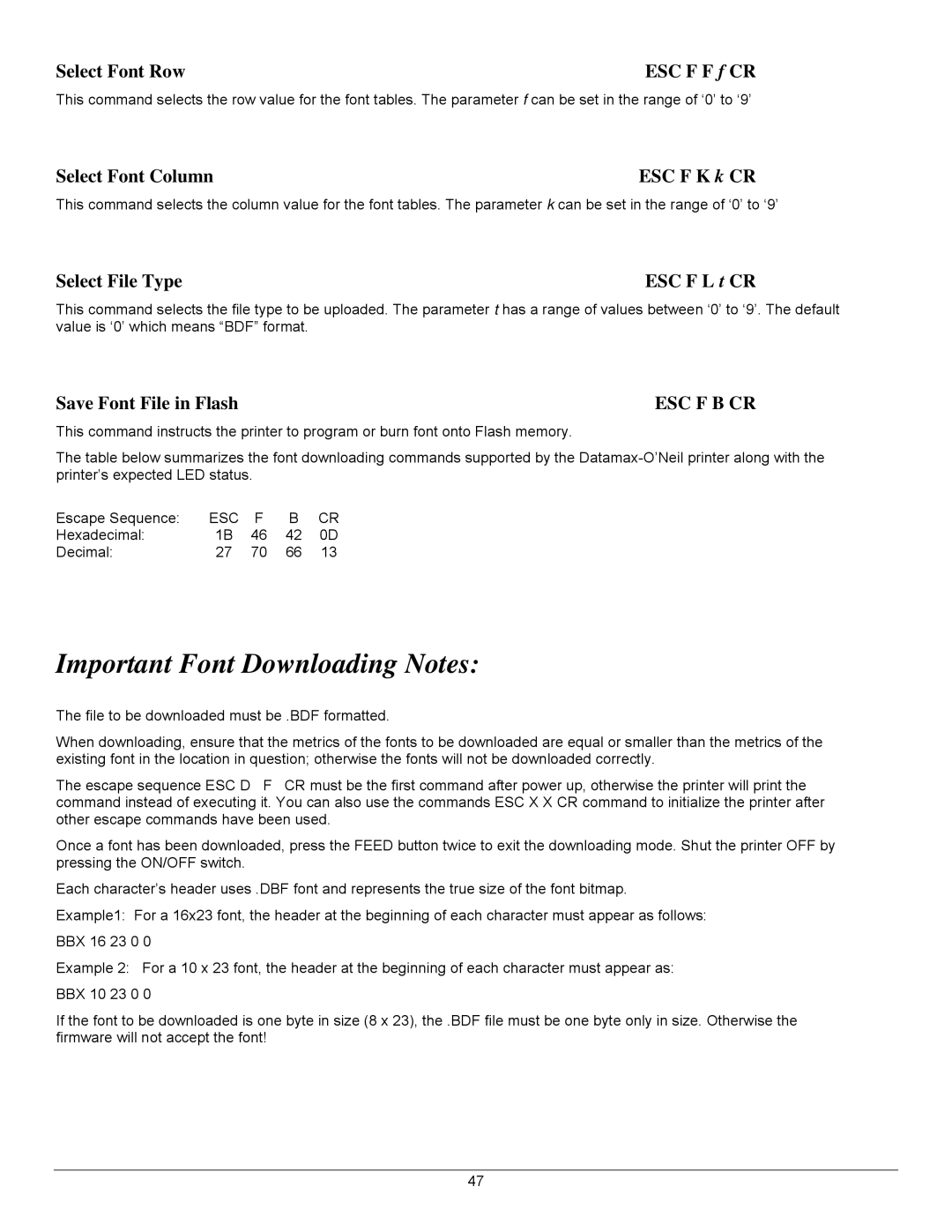 Datamax 7A300007 Rev. 2 manual Important Font Downloading Notes, Esc F B Cr 