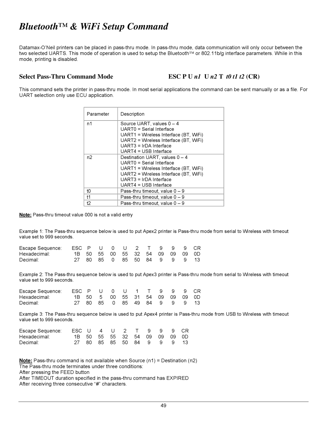Datamax 7A300007 Rev. 2 manual Bluetooth & WiFi Setup Command, Select Pass-Thru Command Mode ESC P U n1 U n2 T t0 t1 t2 CR 