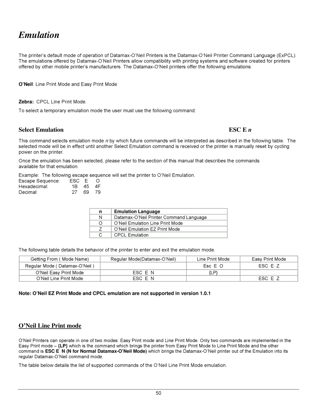 Datamax 7A300007 Rev. 2 manual Select Emulation ESC E n, ’Neil Line Print mode, Emulation Language 