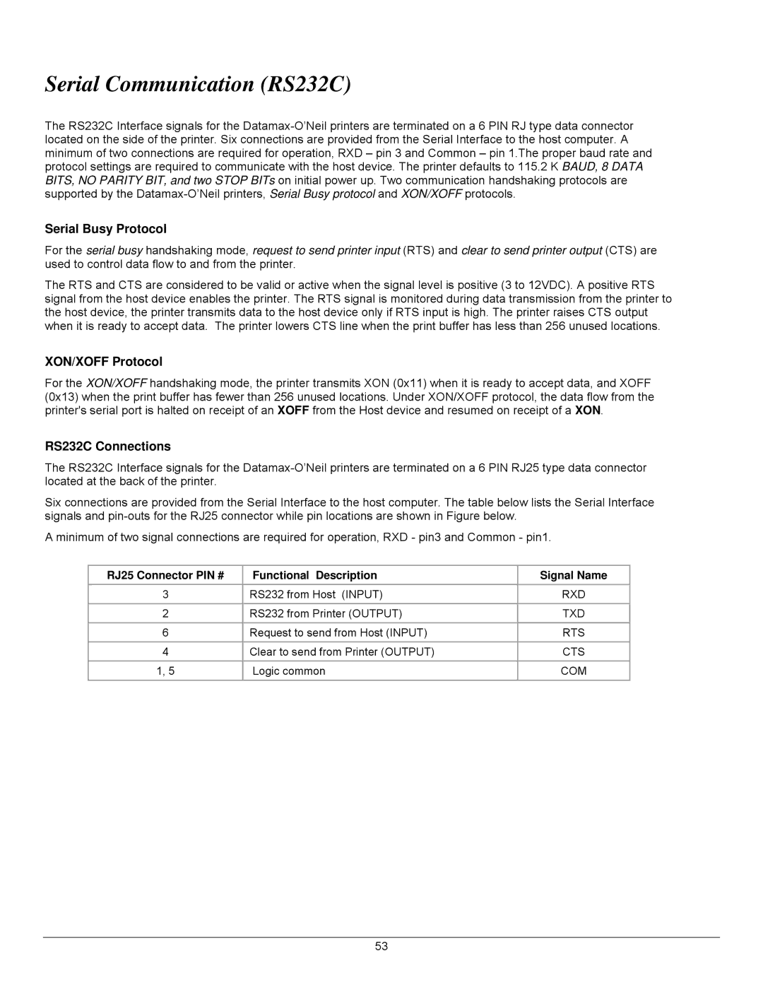 Datamax 7A300007 Rev. 2 manual Serial Communication RS232C, Serial Busy Protocol, XON/XOFF Protocol, RS232C Connections 