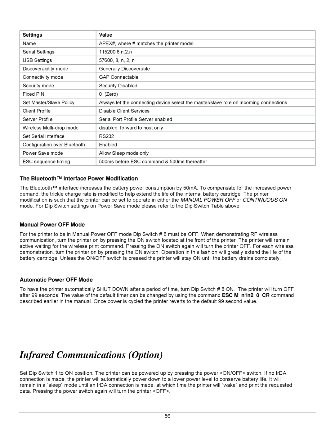 Datamax 7A300007 Rev. 2 Infrared Communications Option, Bluetooth Interface Power Modification, Manual Power OFF Mode 