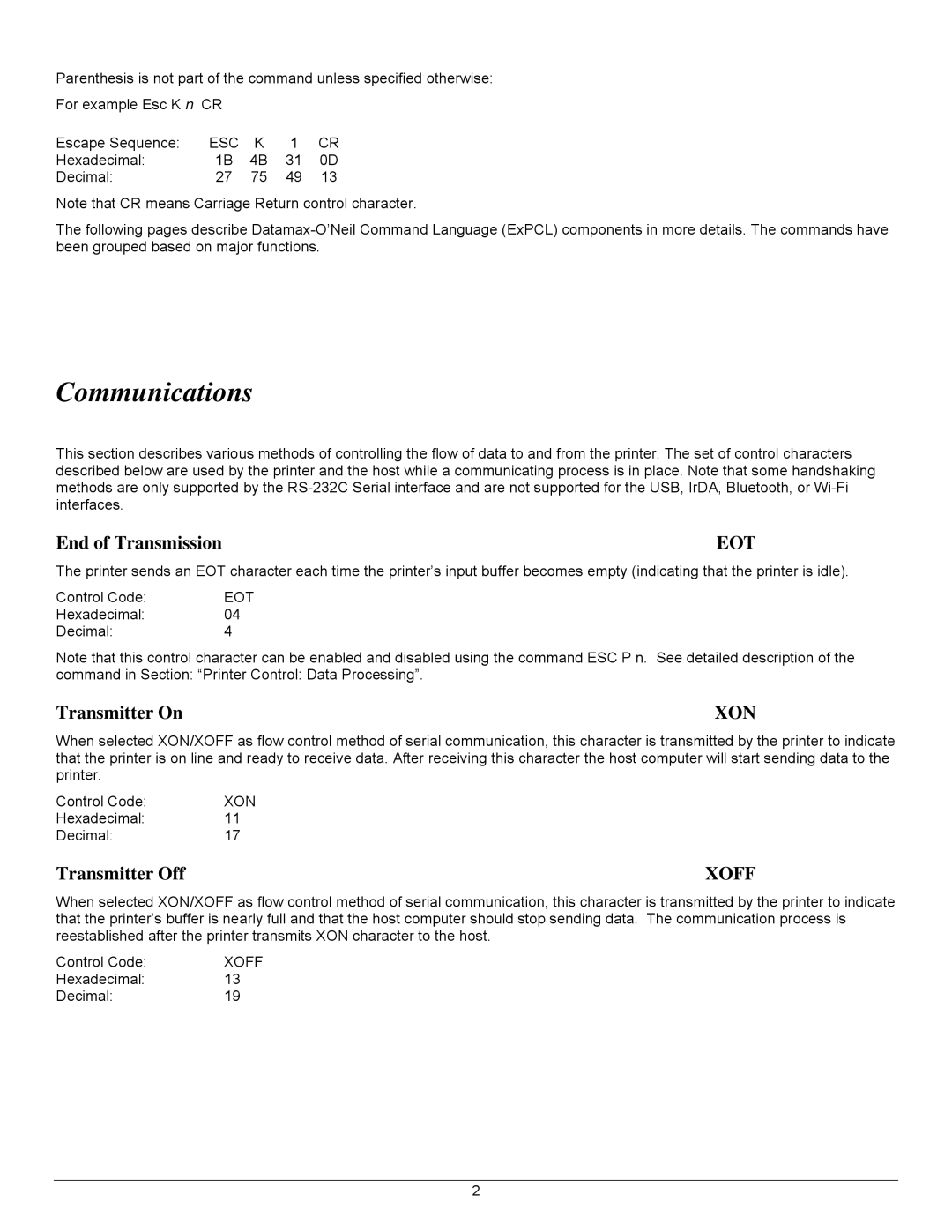 Datamax 7A300007 Rev. 2 manual Communications, Eot, Xon, Xoff 