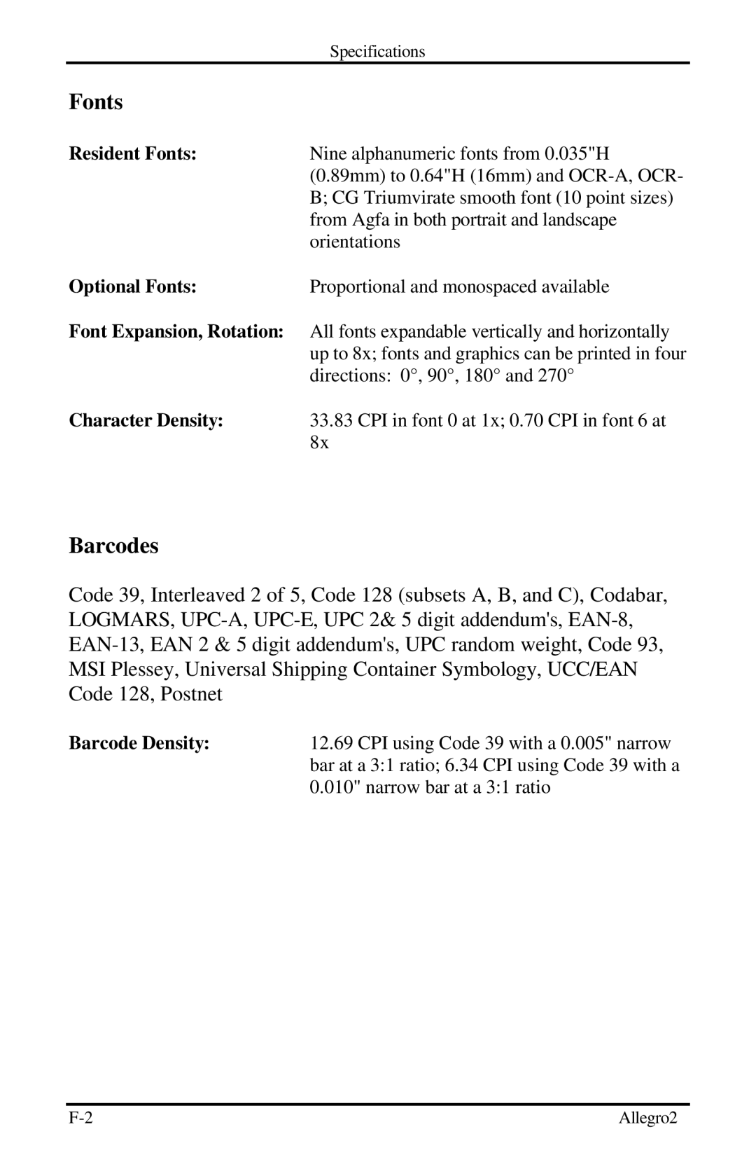 Datamax Allegro 2 manual Fonts, Barcodes 