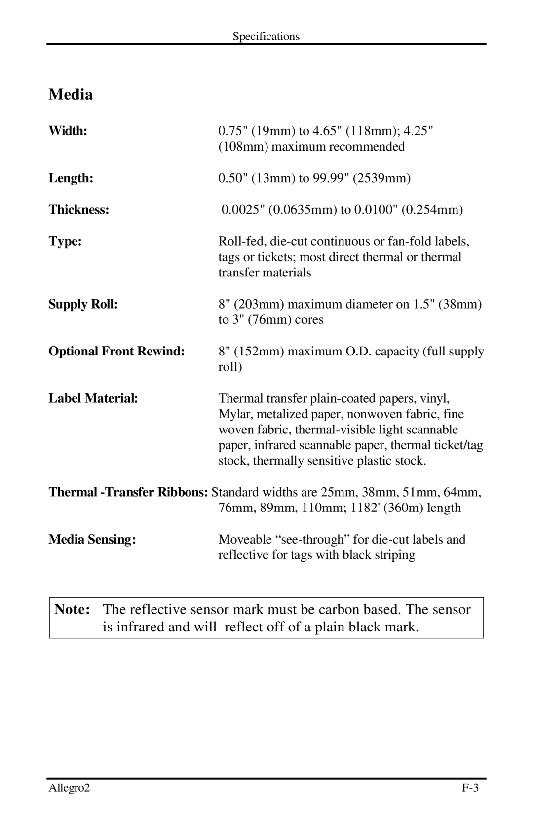 Datamax Allegro 2 manual Media, Label Material 