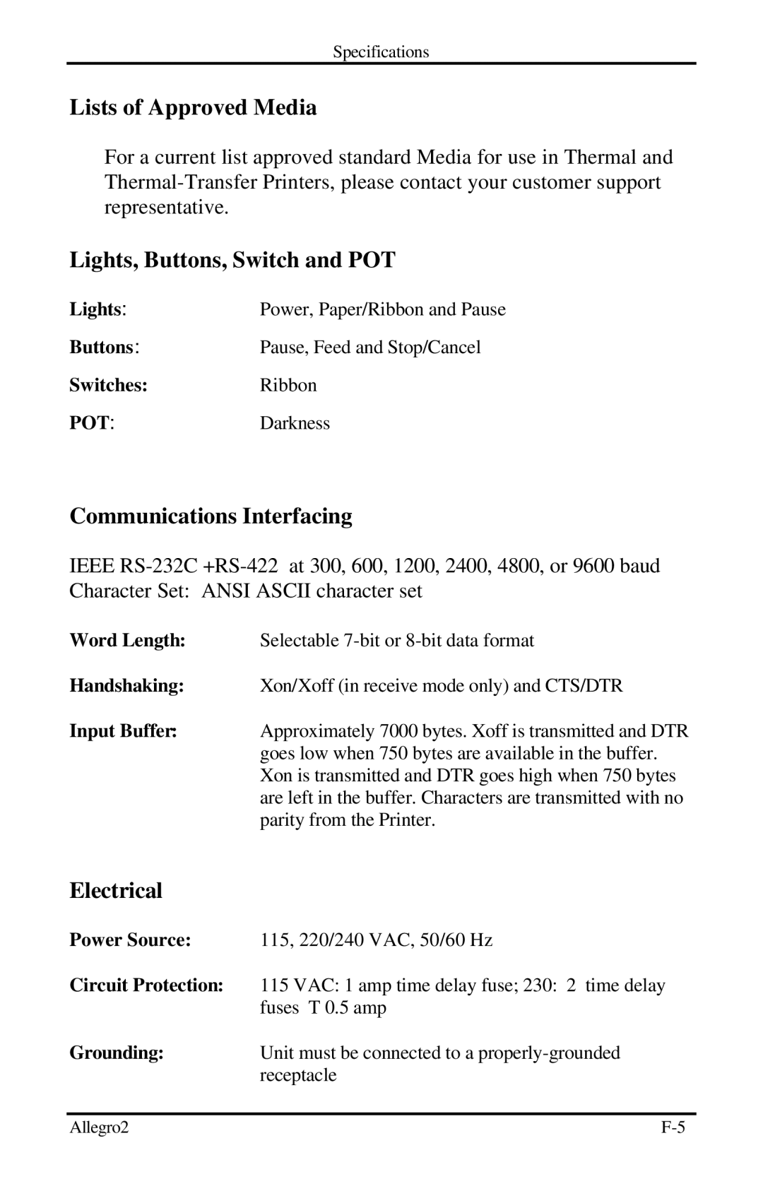 Datamax Allegro 2 manual Lists of Approved Media, Lights, Buttons, Switch and POT, Communications Interfacing, Electrical 