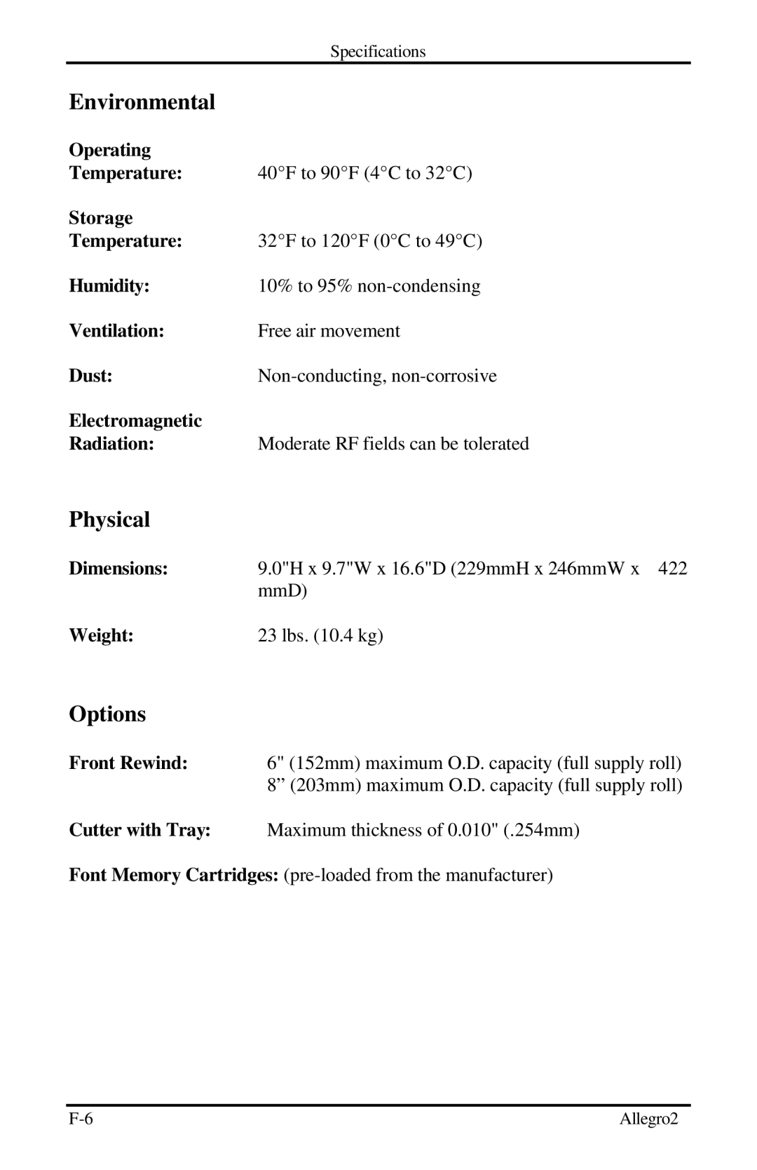 Datamax Allegro 2 manual Environmental, Physical, Options 